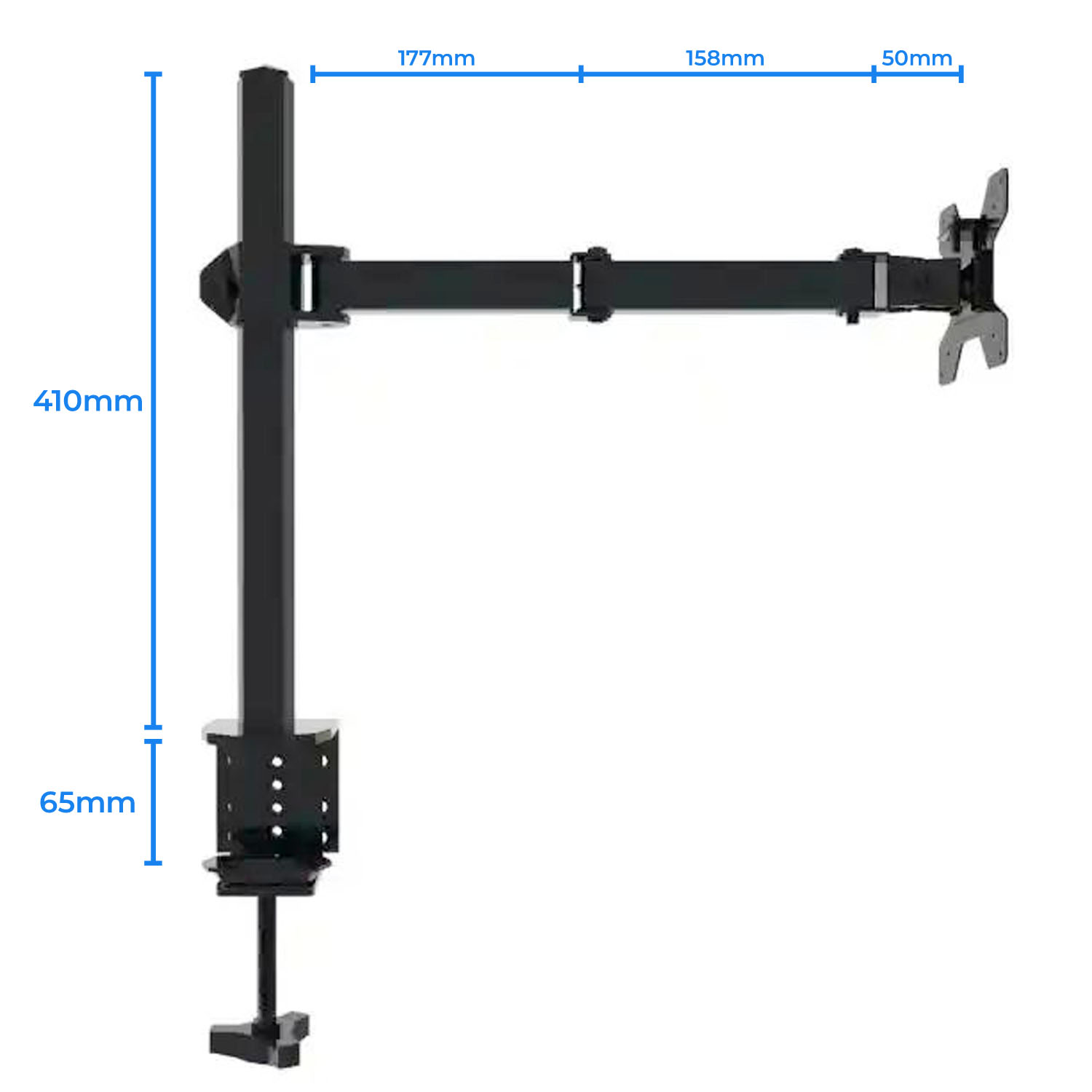 Czarny wysięgnik do monitora z podstawą zaciskową i wymiarami w mm.