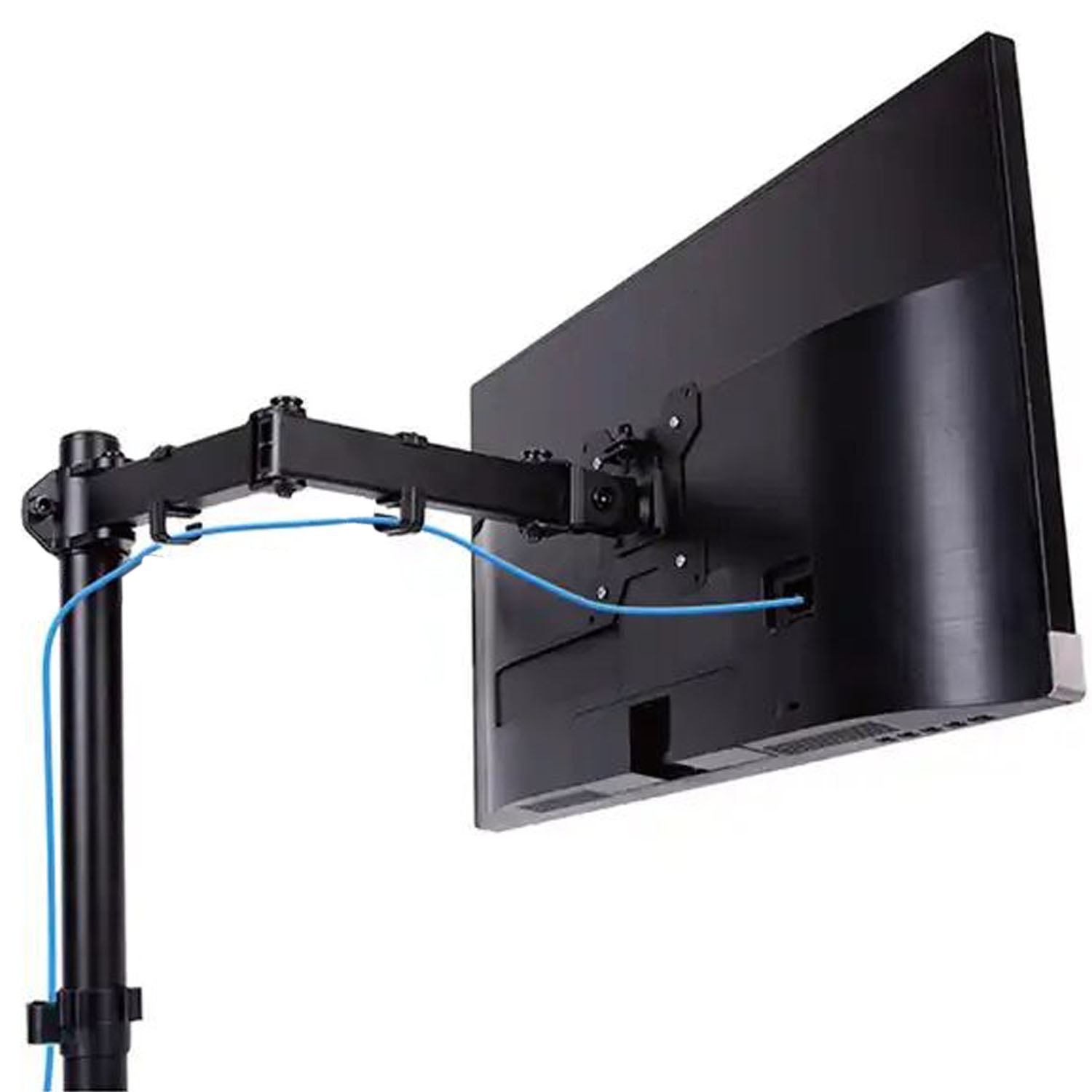 Czarny uchwyt monitora trzyma czarny monitor, z niebieskim kablem.
