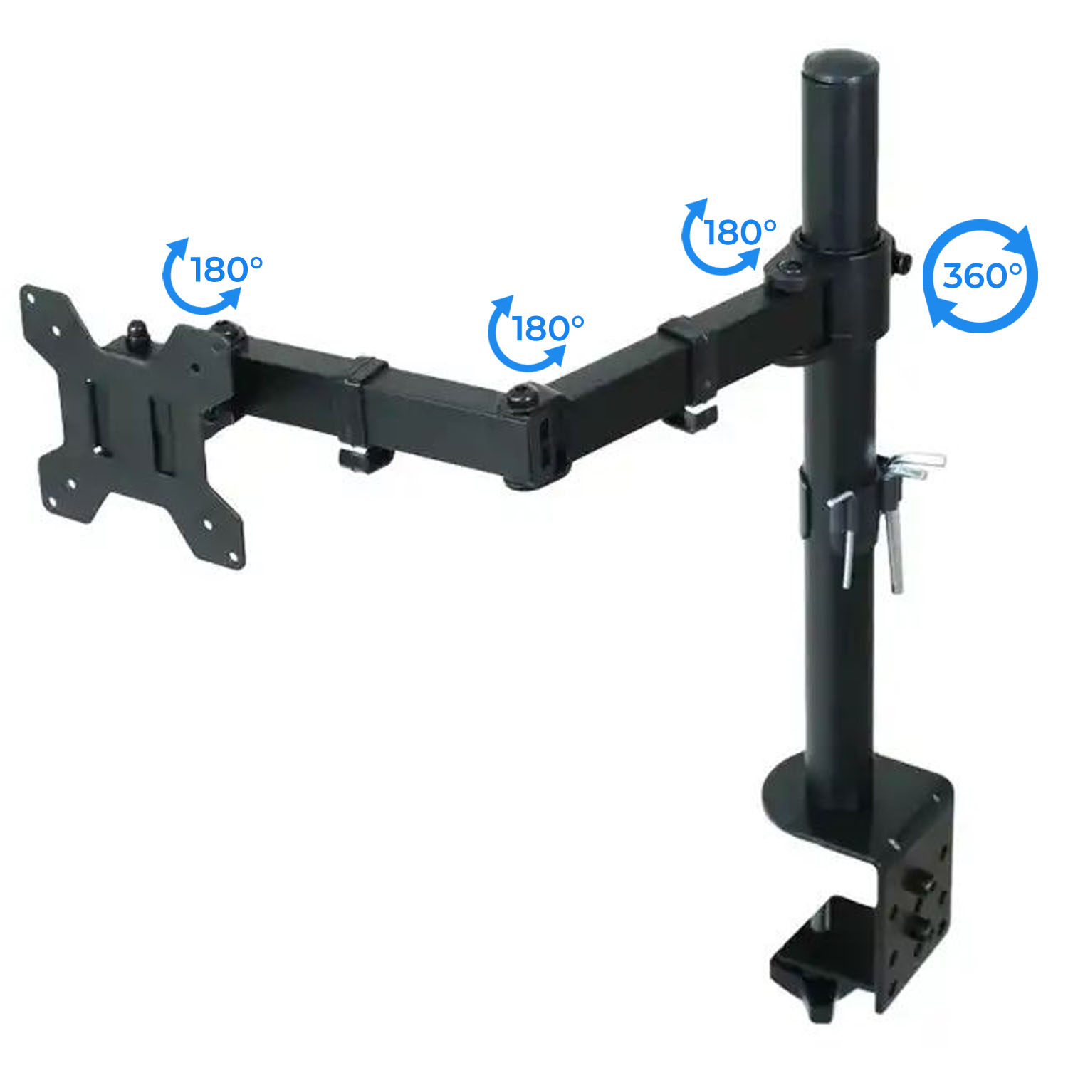 Czarny wysięgnik monitora z zaciskiem, pokazuje obrót 180° i 360°.