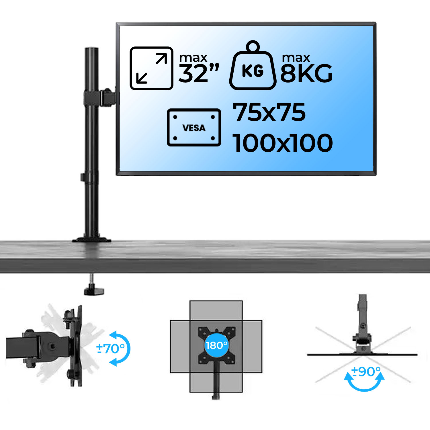 Uchwyt monitora: maks. 32", 8 kg, VESA 75x75/100x100.