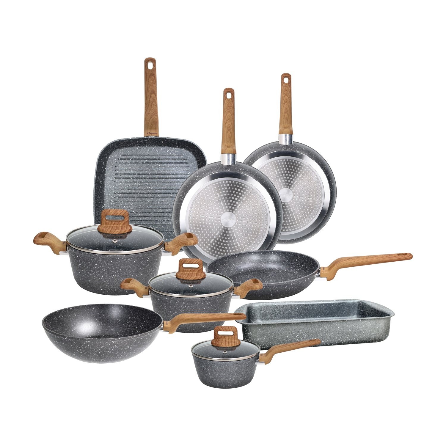 Set di pentole grigie con manici in legno: pentola, padella, teglia.