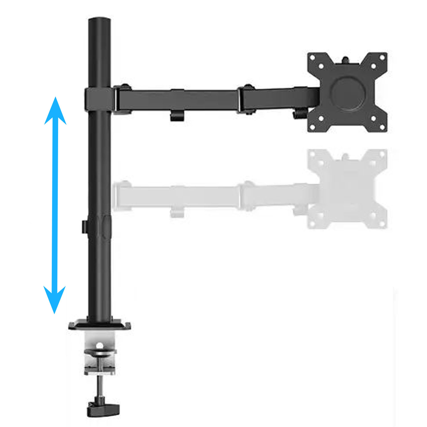 Czarny wysięgnik monitora z zaciskiem i strzałkami regulacji wysokości.