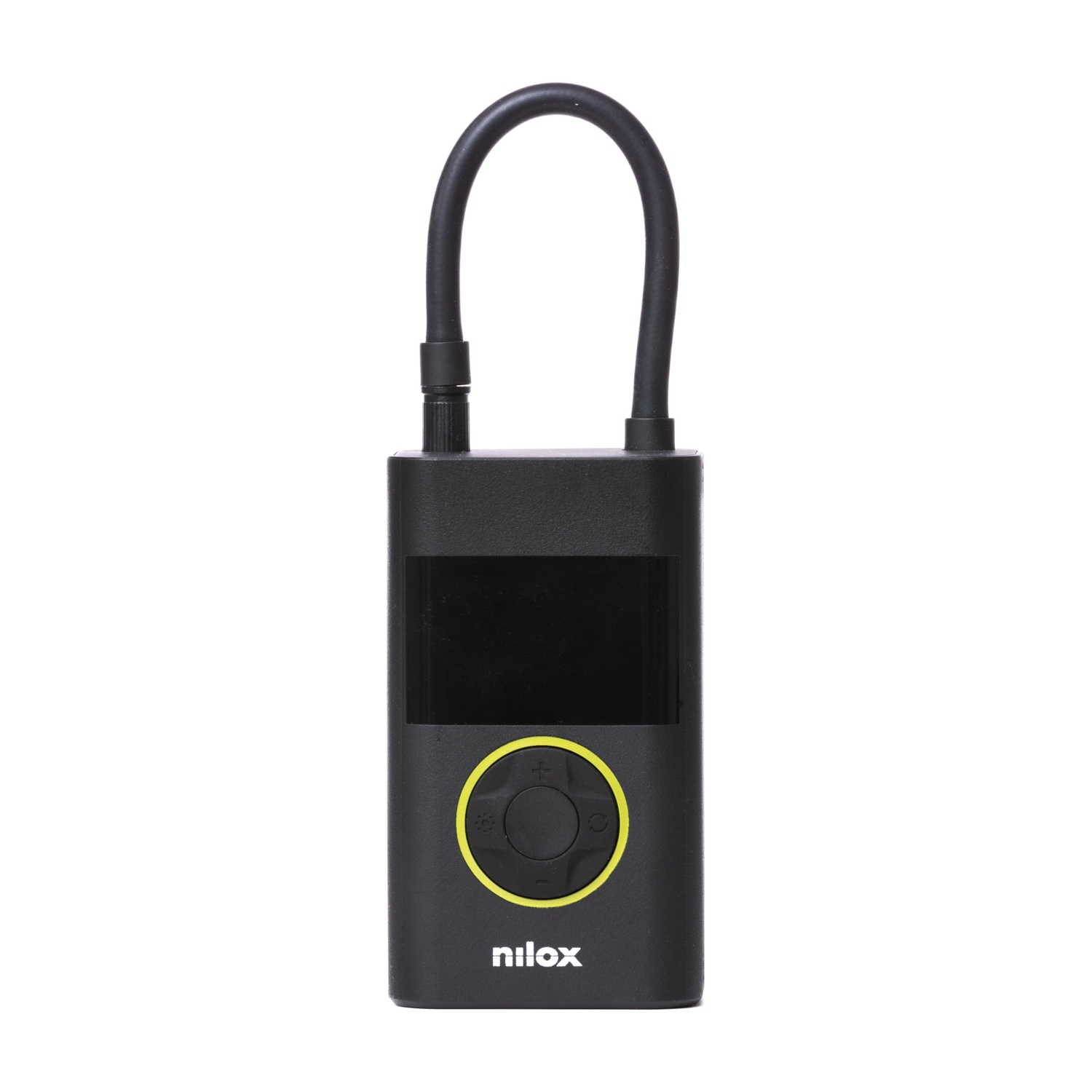 Compressore d'aria Nilox nero con tubo e cerchio giallo su sfondo bianco.