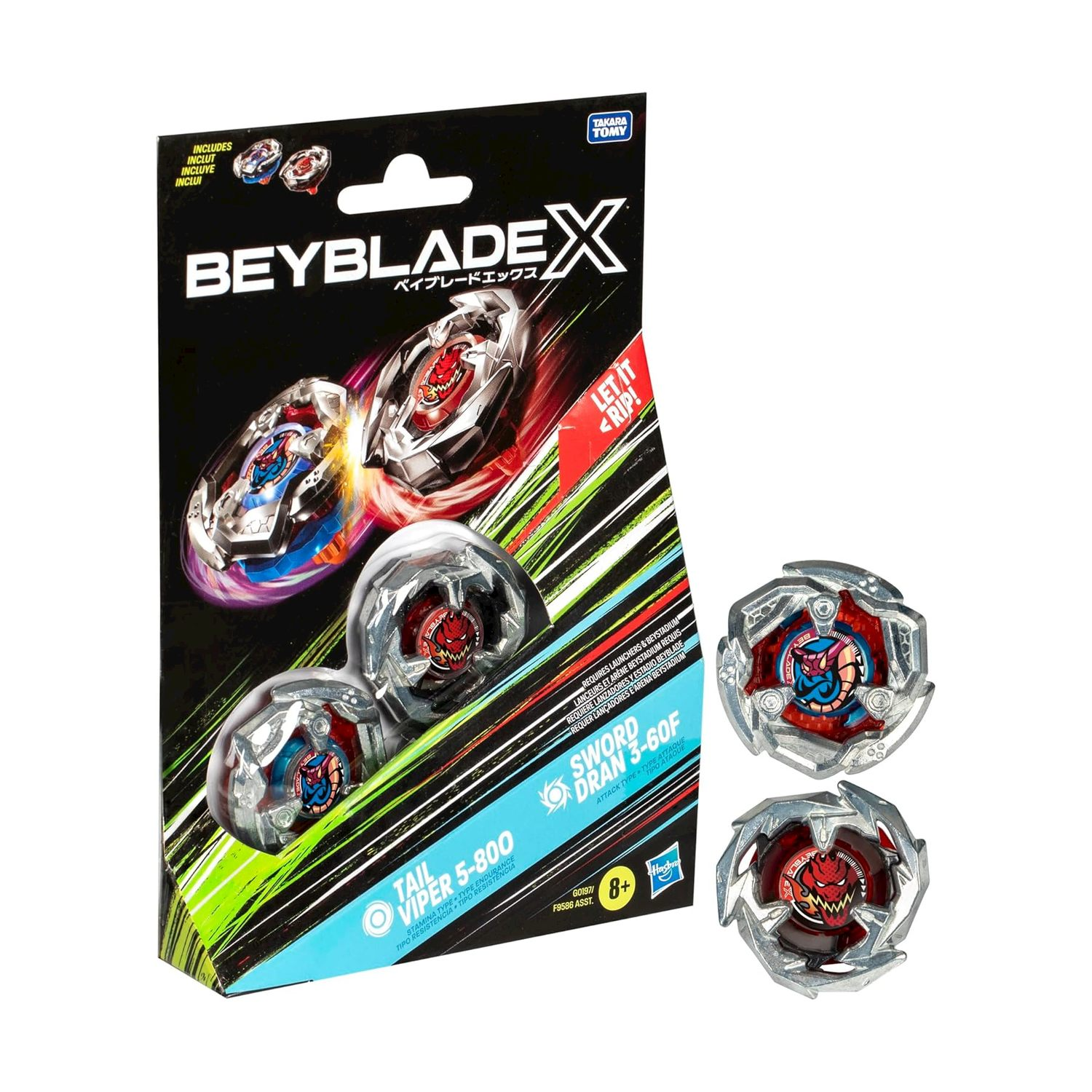 Confezione giocattolo Beyblade con tre trottole e slogan "Let it Rip!".