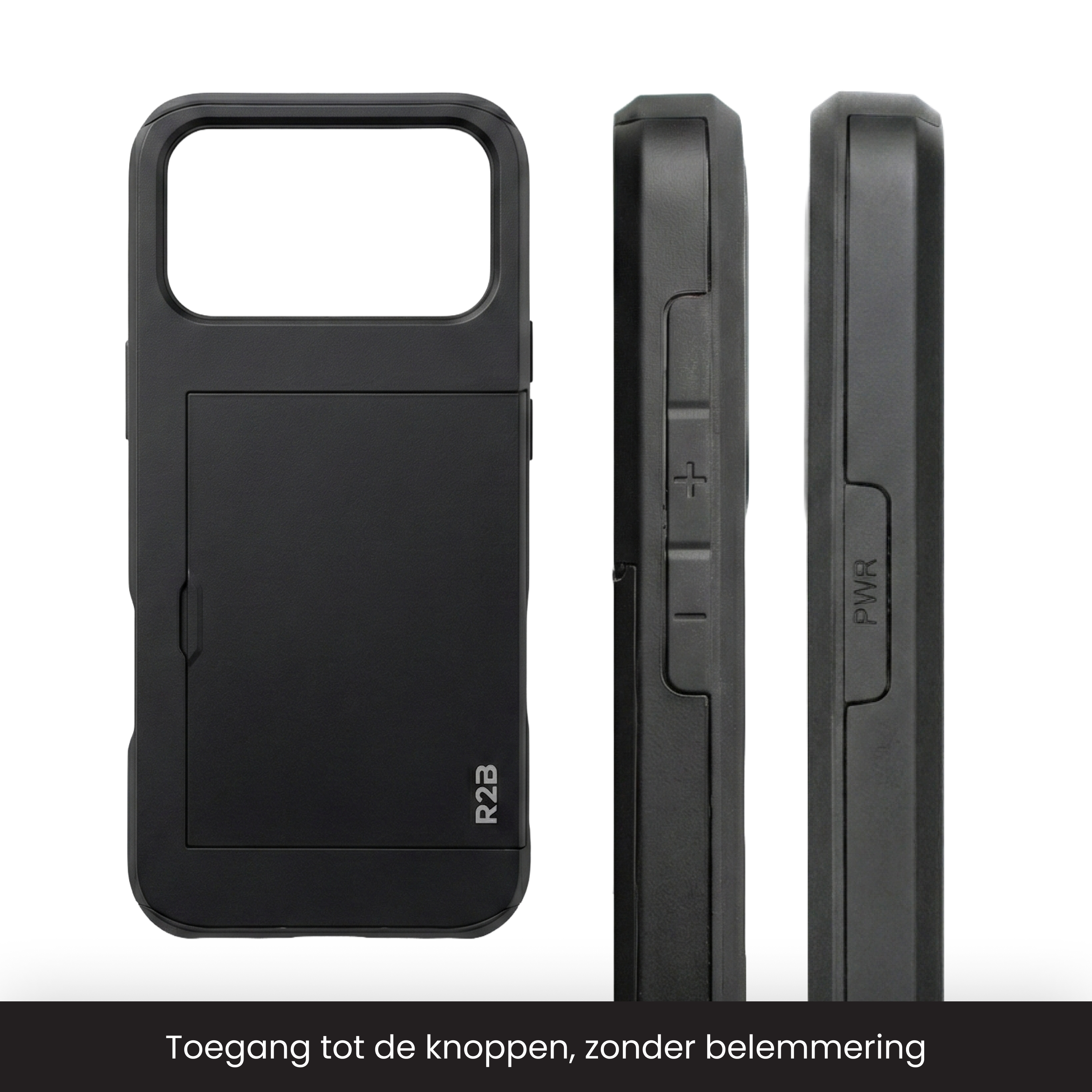Coque de téléphone noire vue de face, de côté et de dos. Texturée.