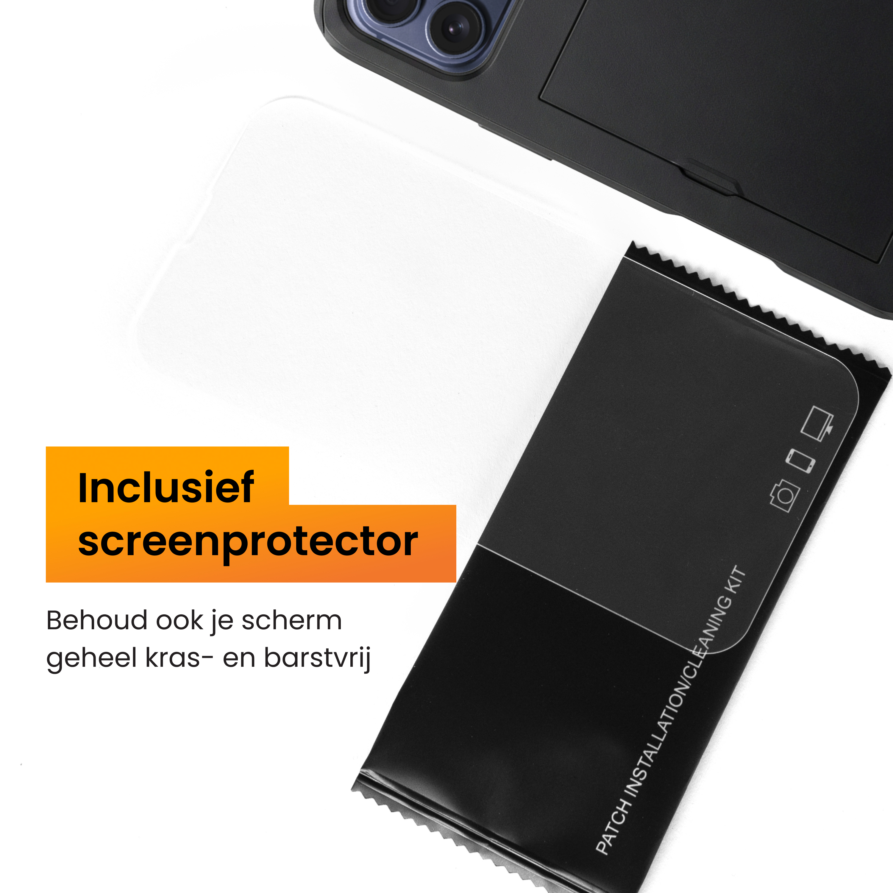 Kit de nettoyage noir à côté d'une coque de téléphone et d'un protecteur d'écran.