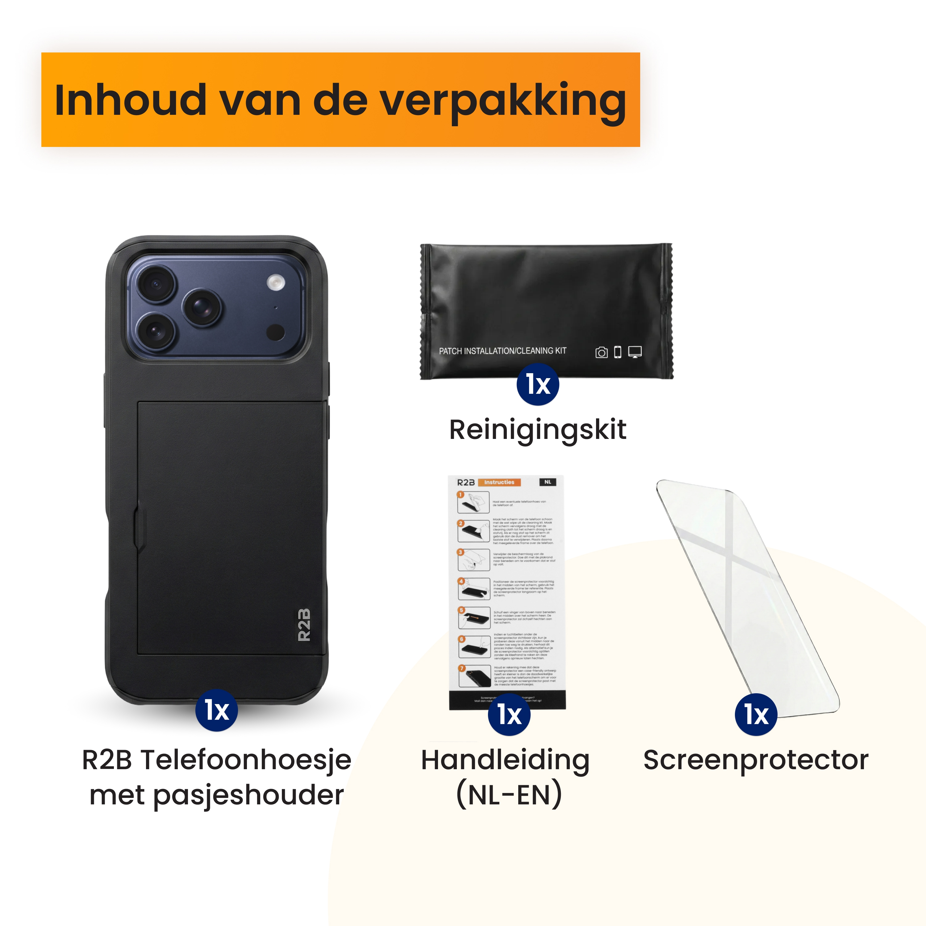Contenu de l'emballage : Étui de téléphone avec porte-cartes, kit de nettoyage, manuel et protecteur d'écran.