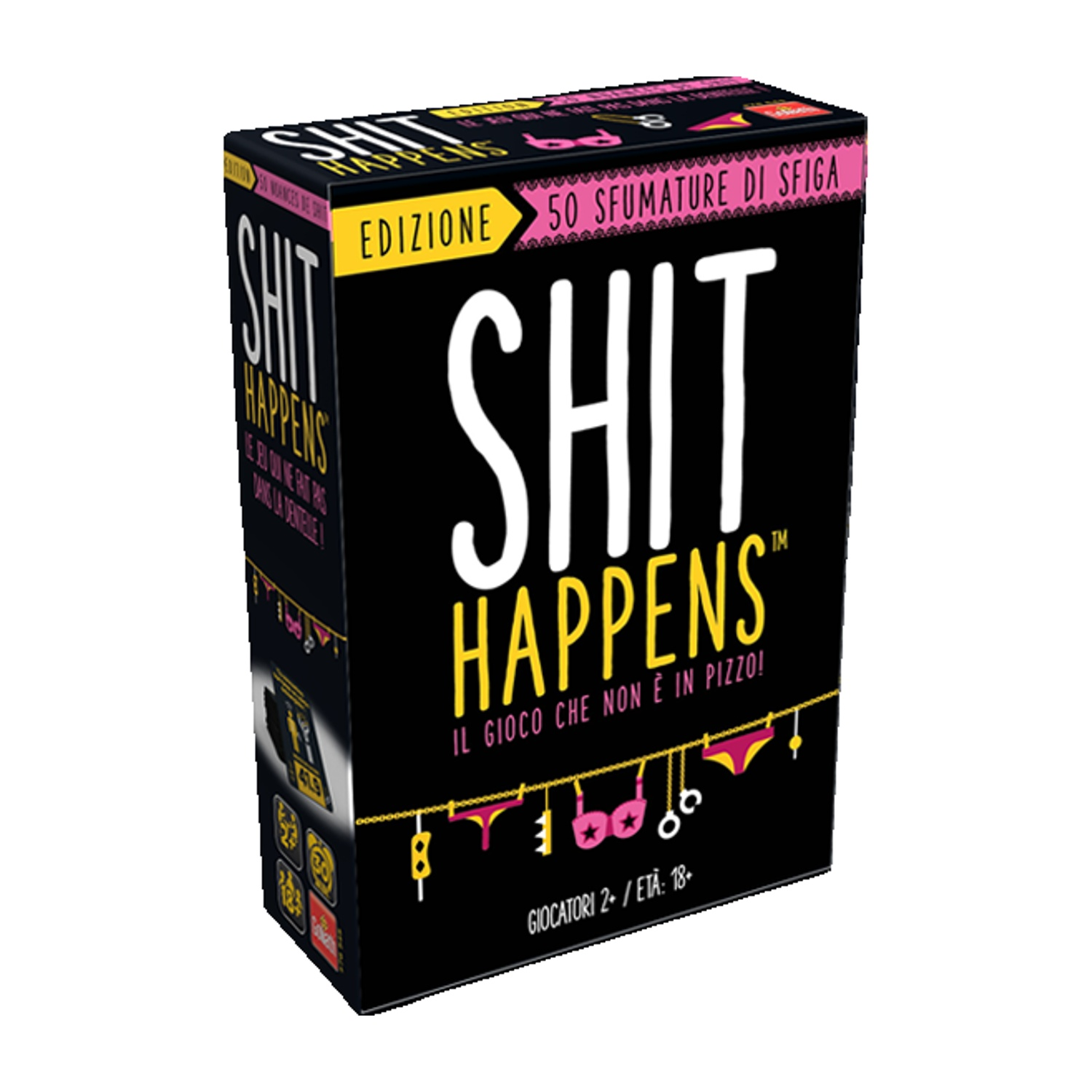 Scatola nera del gioco con scritto SHIT HAPPENS in bianco e giallo.