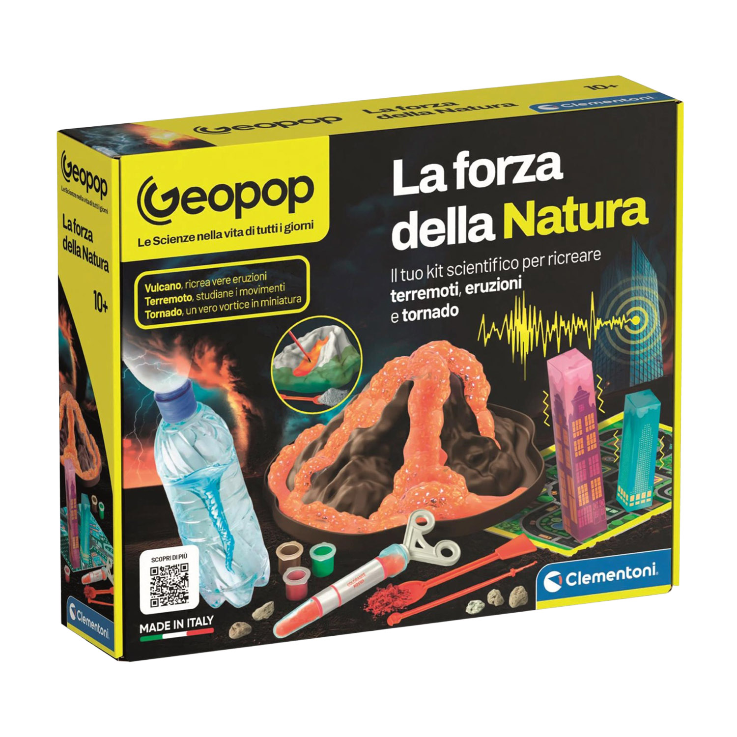 Un kit Geopop mostra un vulcano che erutta lava, una bottiglia d'acqua e blocchi.