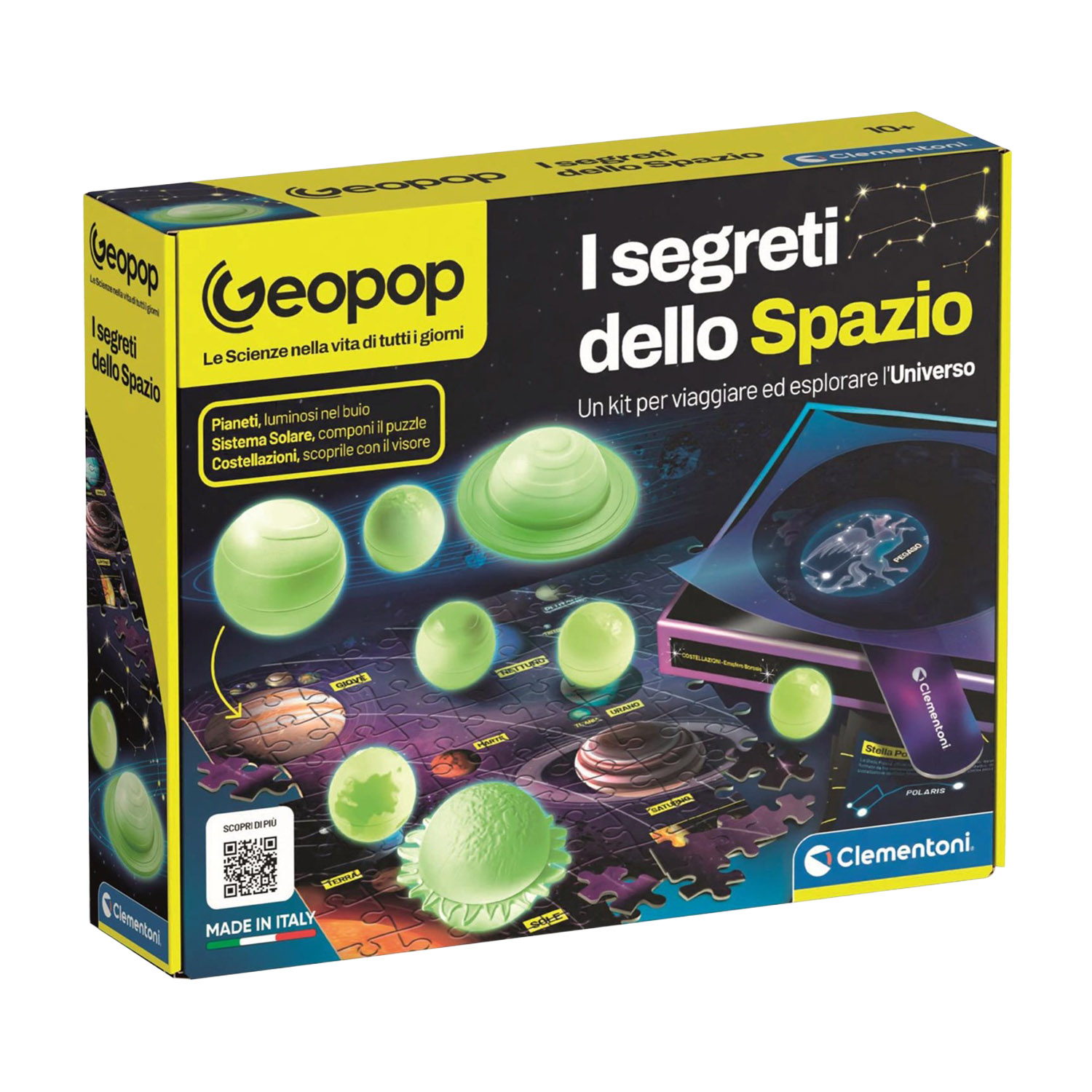 Kit spaziale Geopop con pianeti luminosi e costellazioni su scatola puzzle.