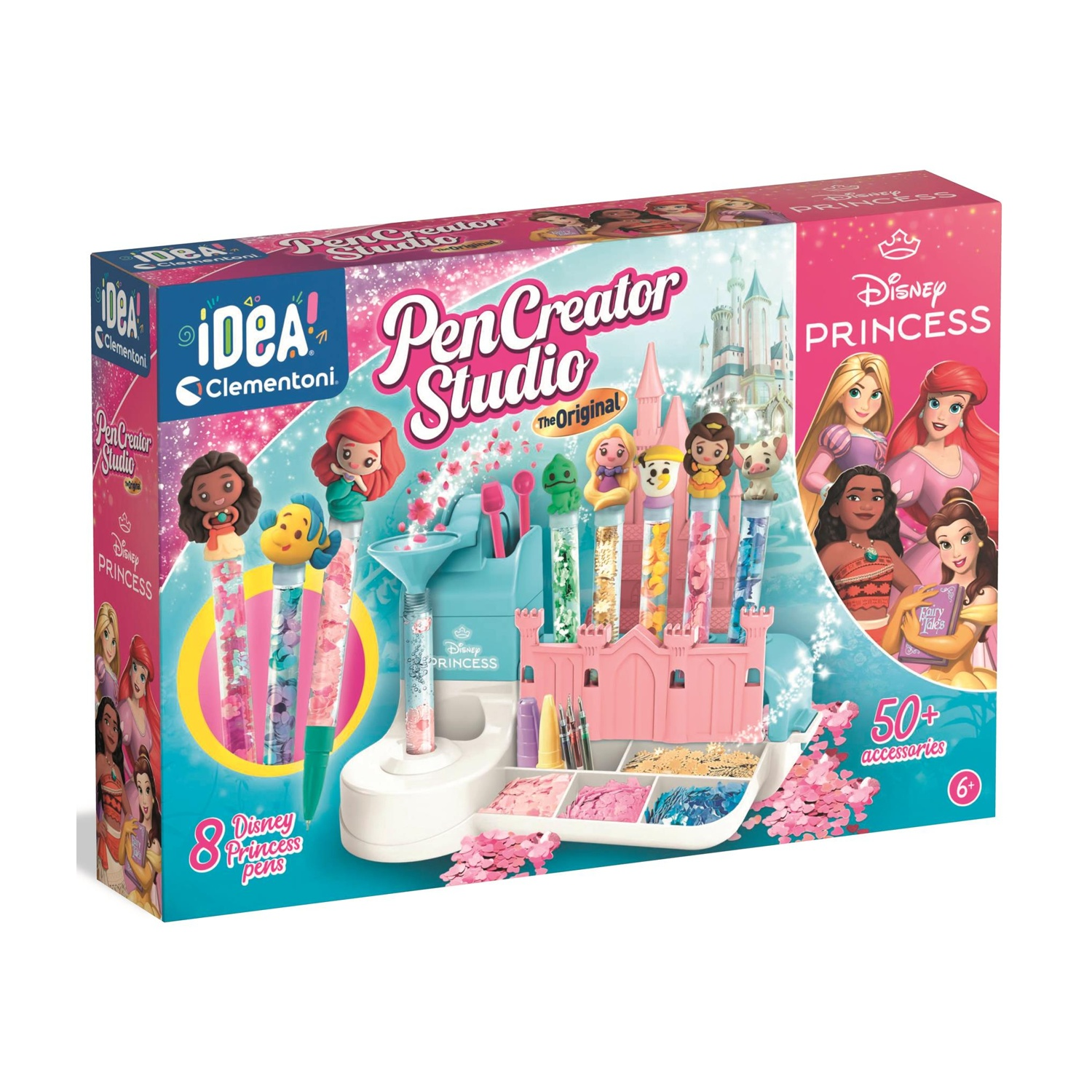 Studio Creatore di Penne Disney Princess con accessori, glitter e personaggi.