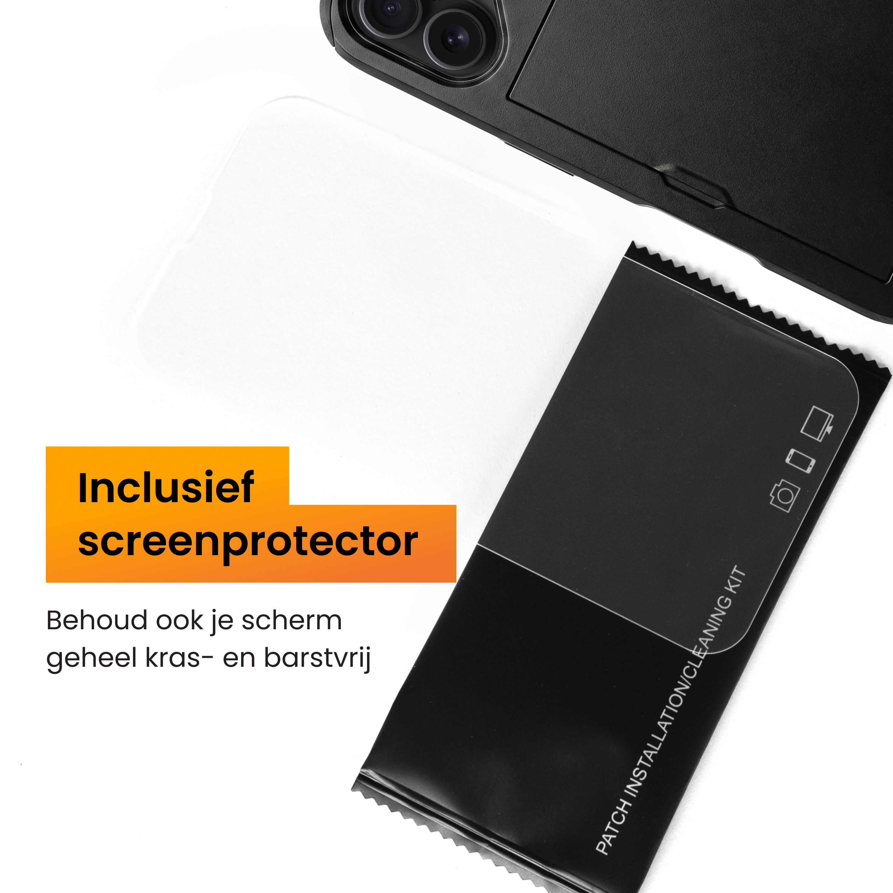 Inclusief screenprotector en reinigingskit voor krasvrije scherm.