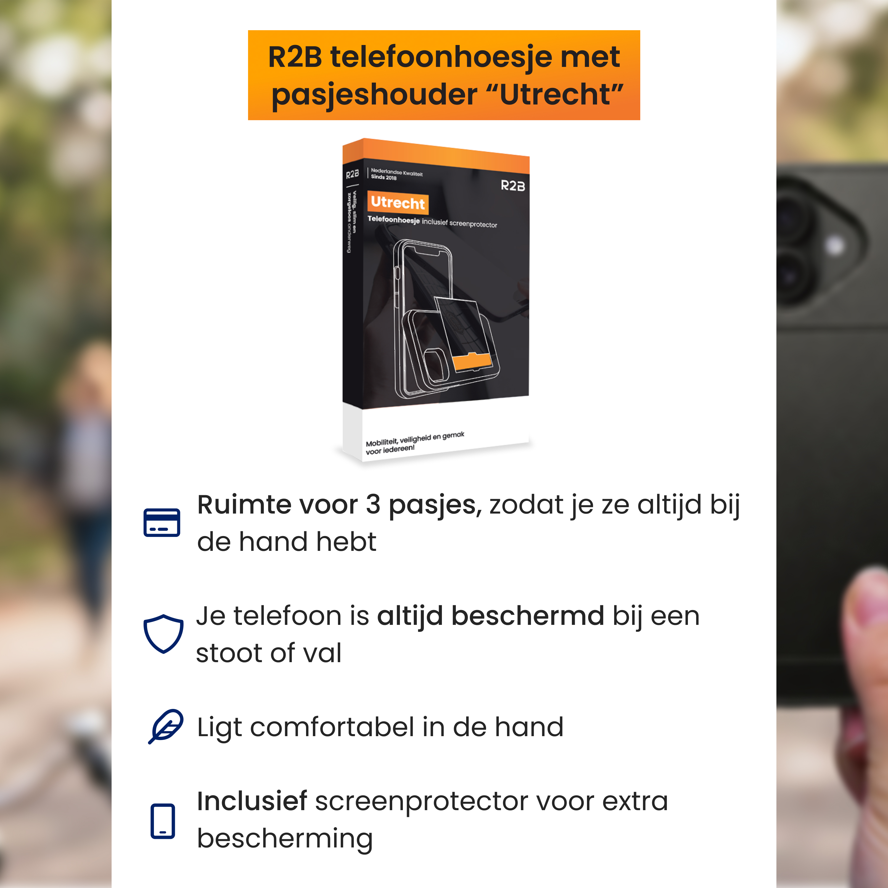 R2B "Utrecht" phone case with card holder, holds 3 cards.