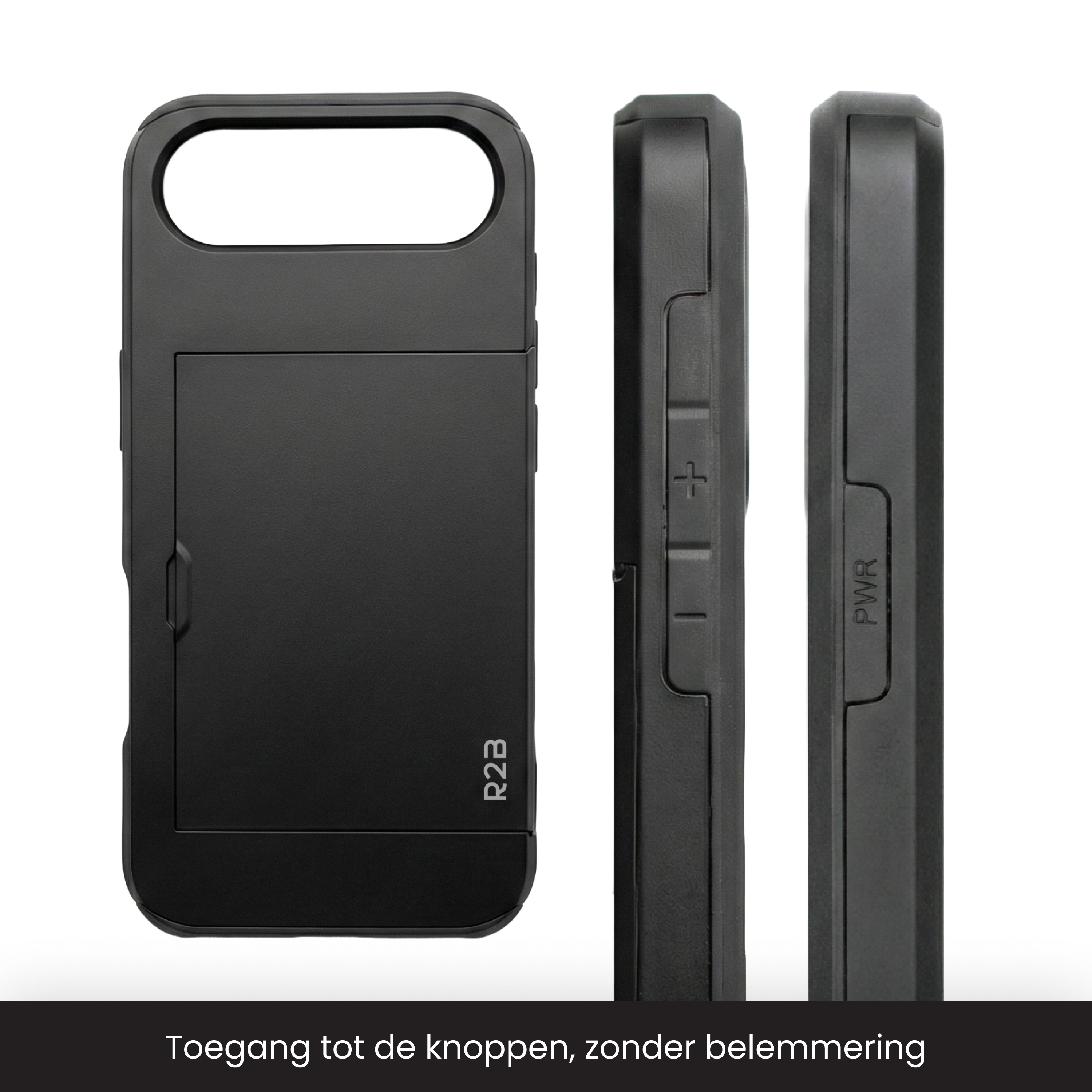 Zwarte telefoonhoes met kaartsleuf, zijaanzicht met knoppen.