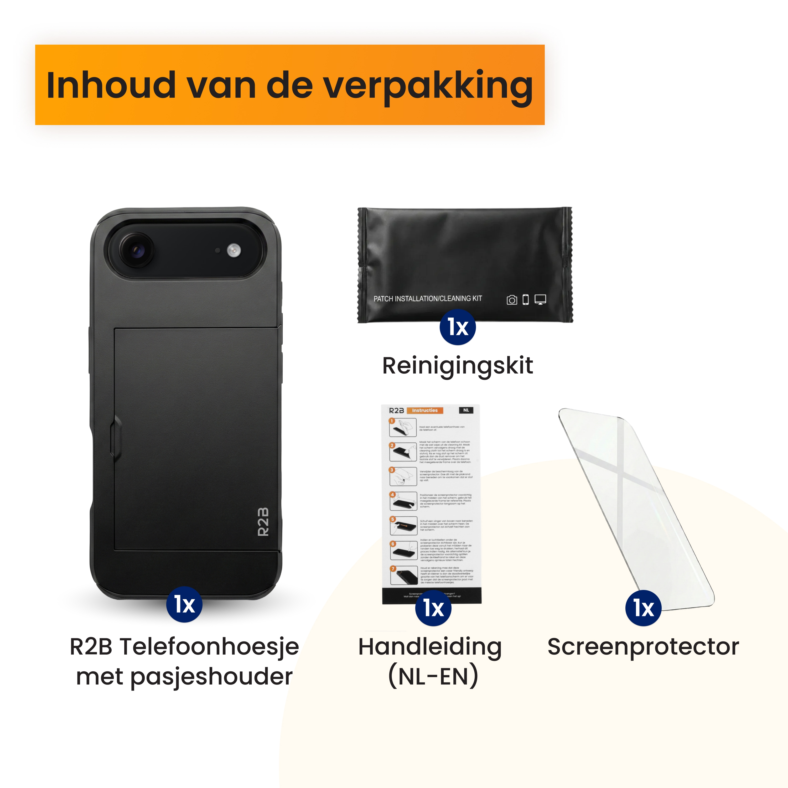 Verpakkingsinhoud: zwarte telefoonhoes met pasjeshouder, reinigingskit, handleiding, screenprotector.
