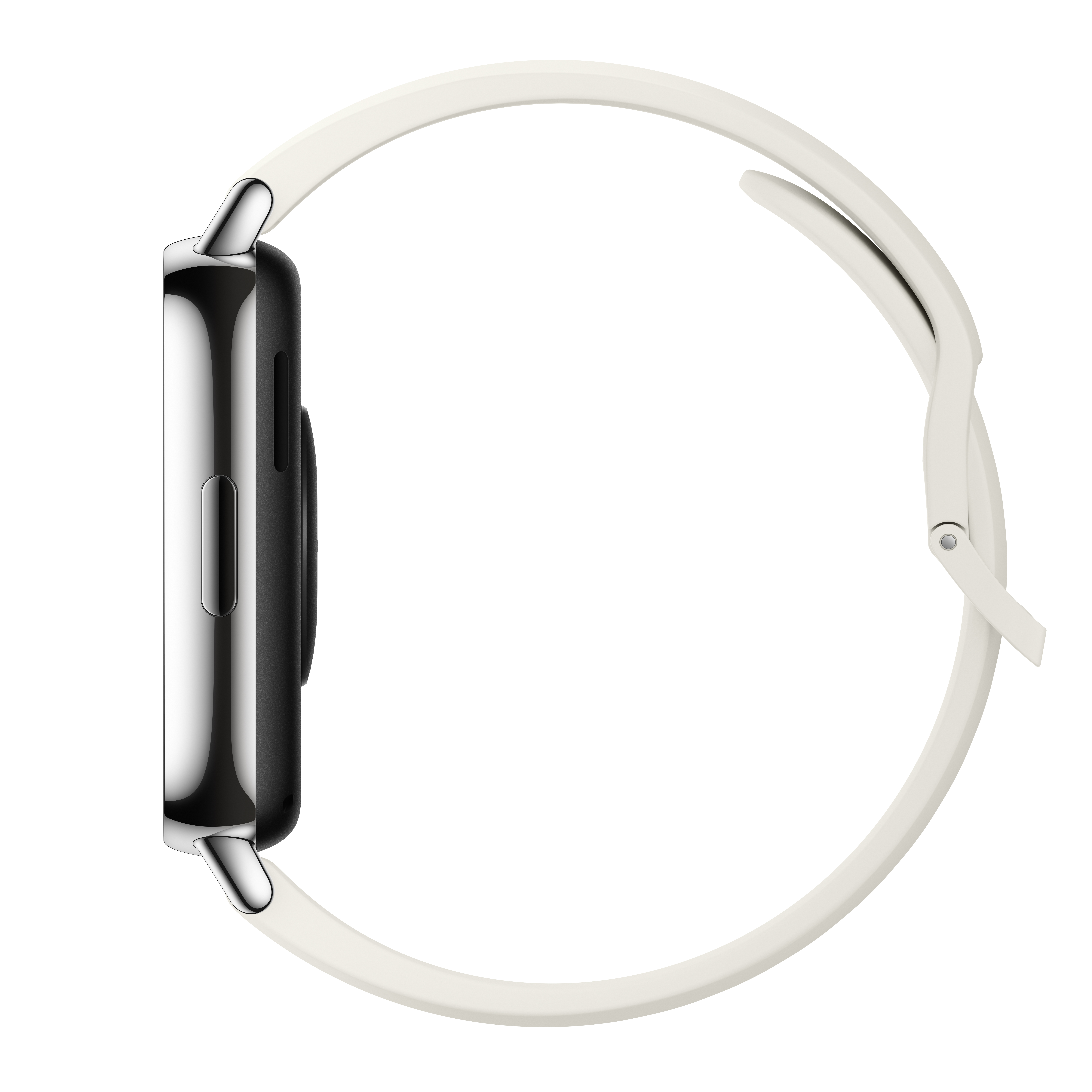 Une montre connectée avec boîtier argenté et bracelet crème.