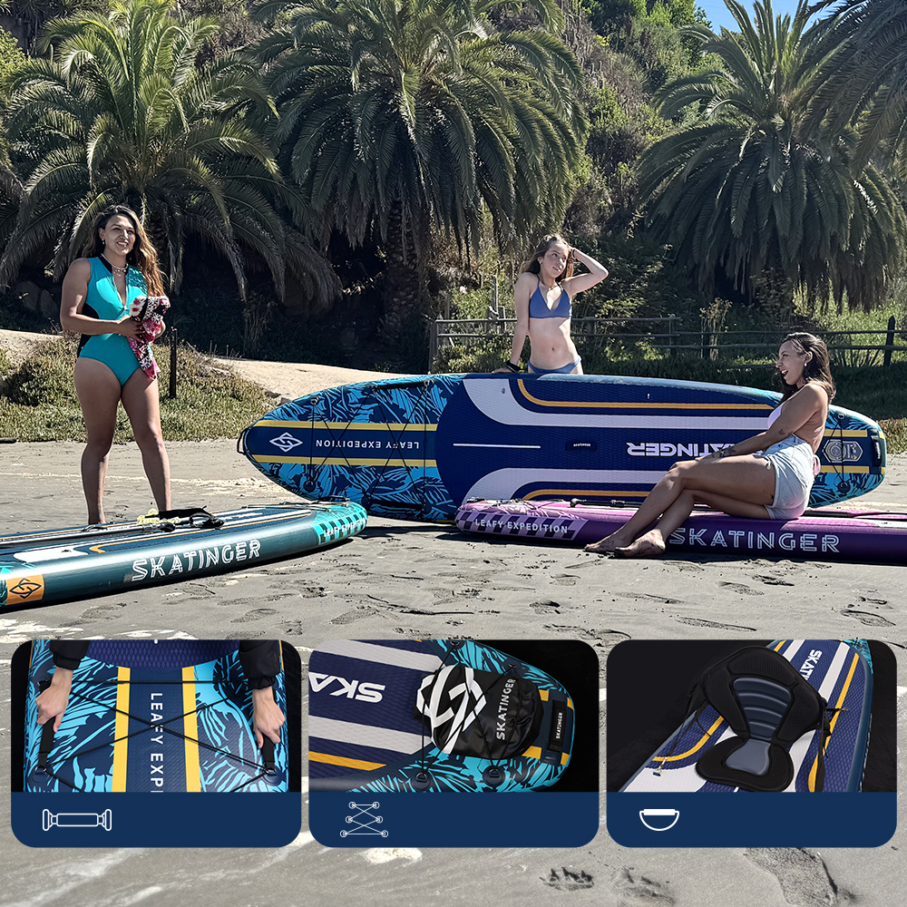 Trzy kobiety na plaży z deskami SUP. Palmy w tle.