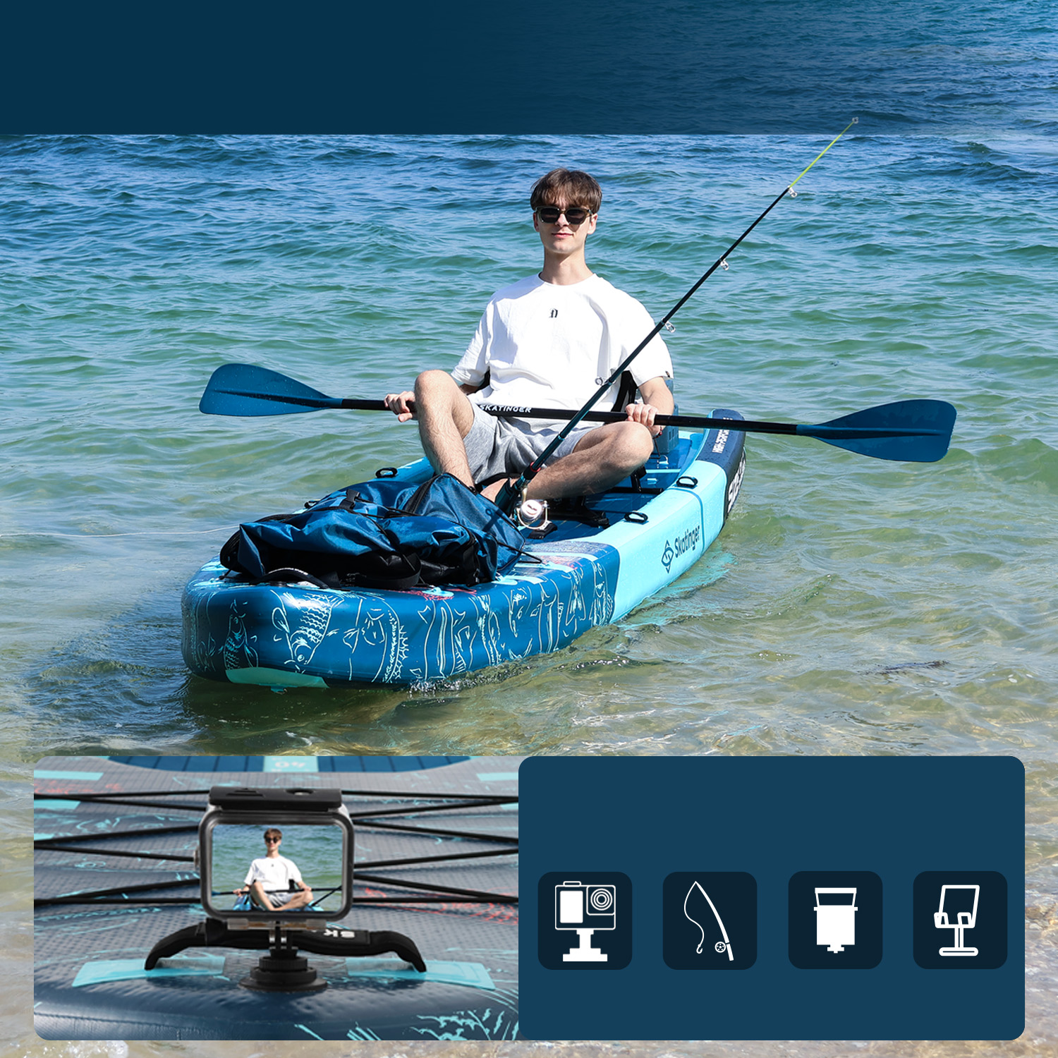 Mężczyzna siedzi na kajaku, trzymając wiosło i wędkę.