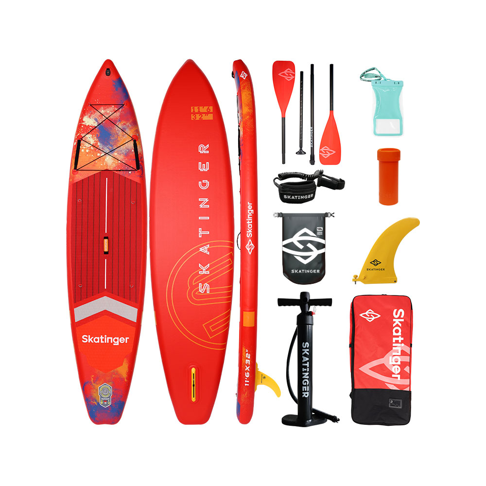 Czerwony zestaw deski SUP z akcesoriami: wiosła, pompka, torba, smycz, statecznik.