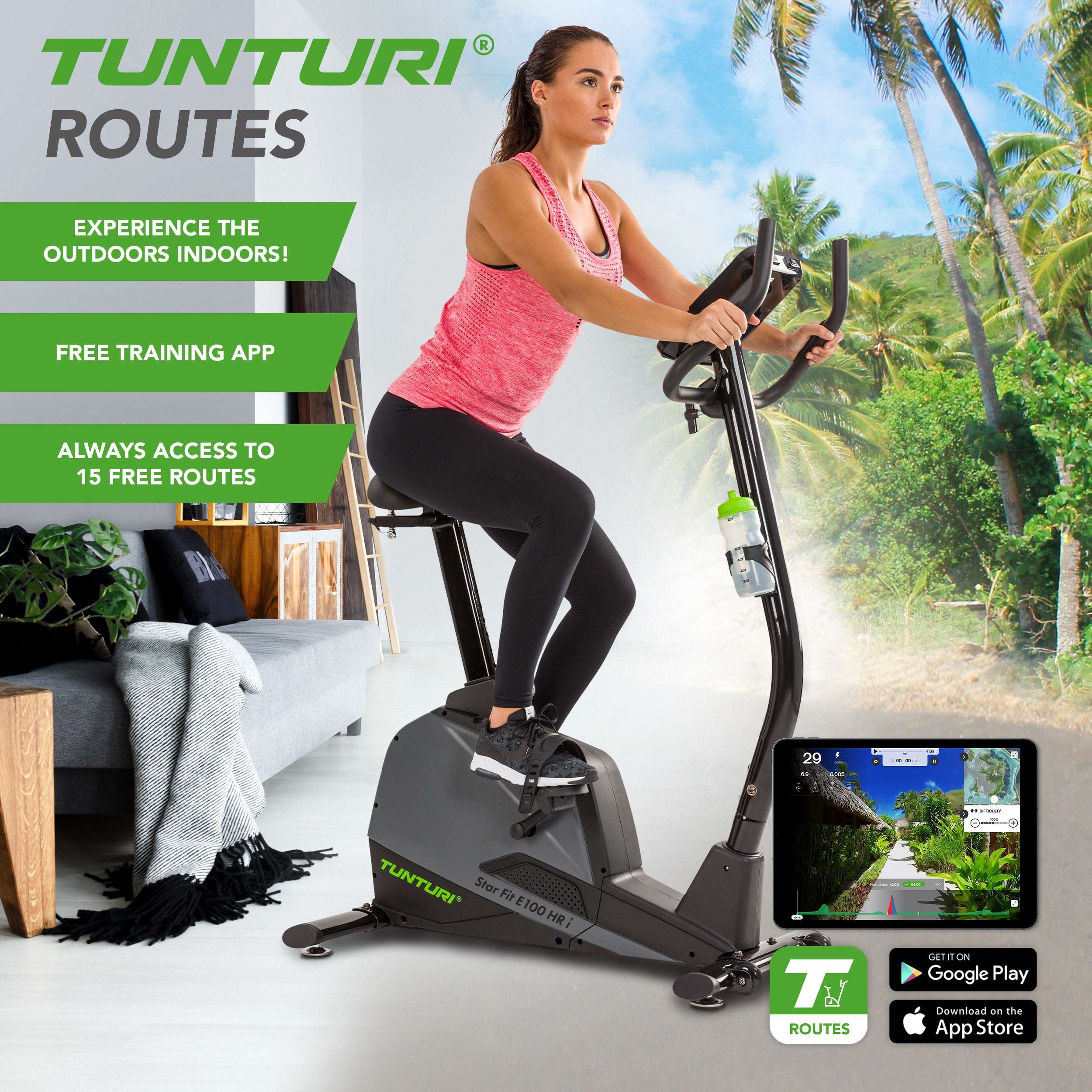 Vrouw op hometrainer met tropische achtergrond en tablet-app.