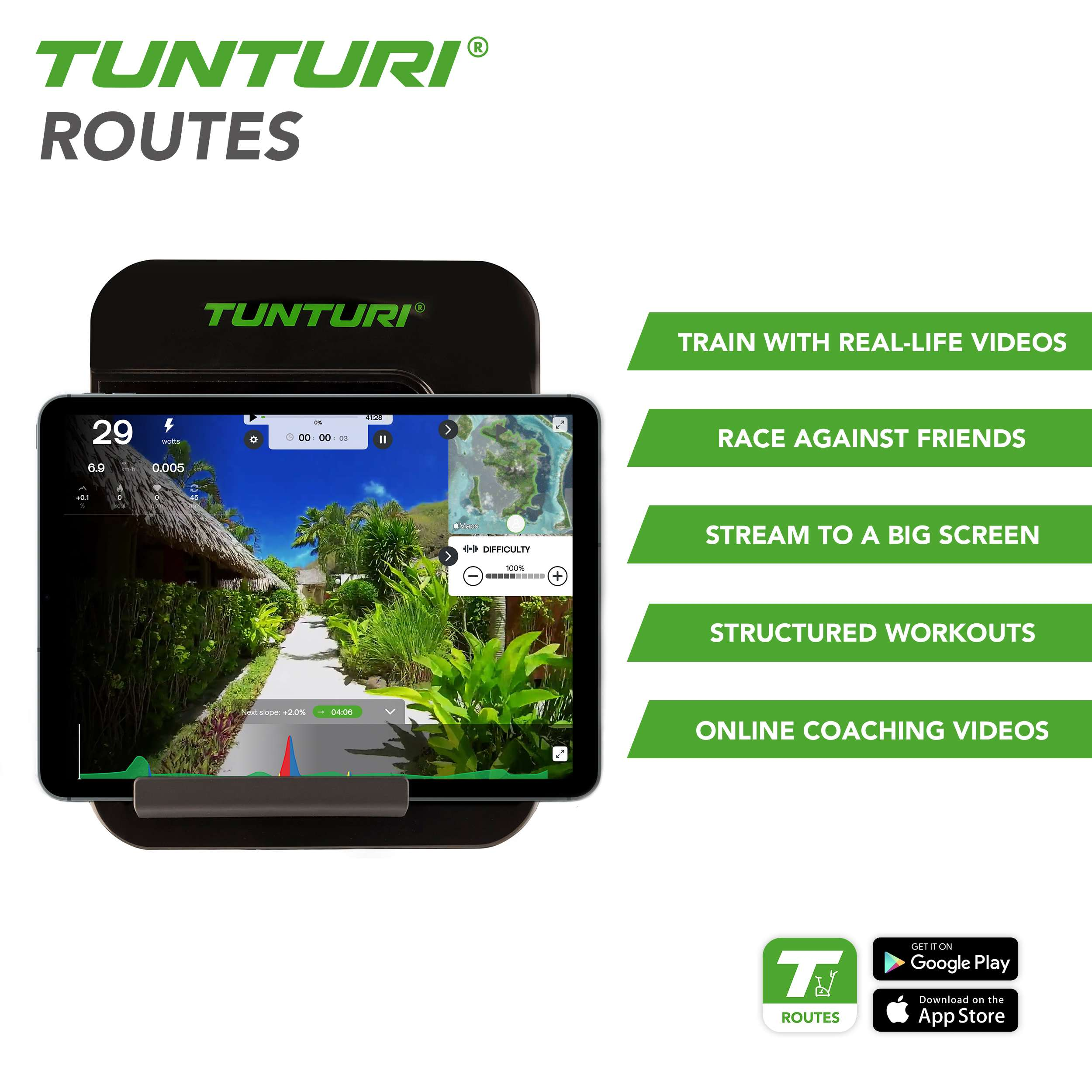 Tunturi fitnesstoestel met tablet dat een tropische route toont.