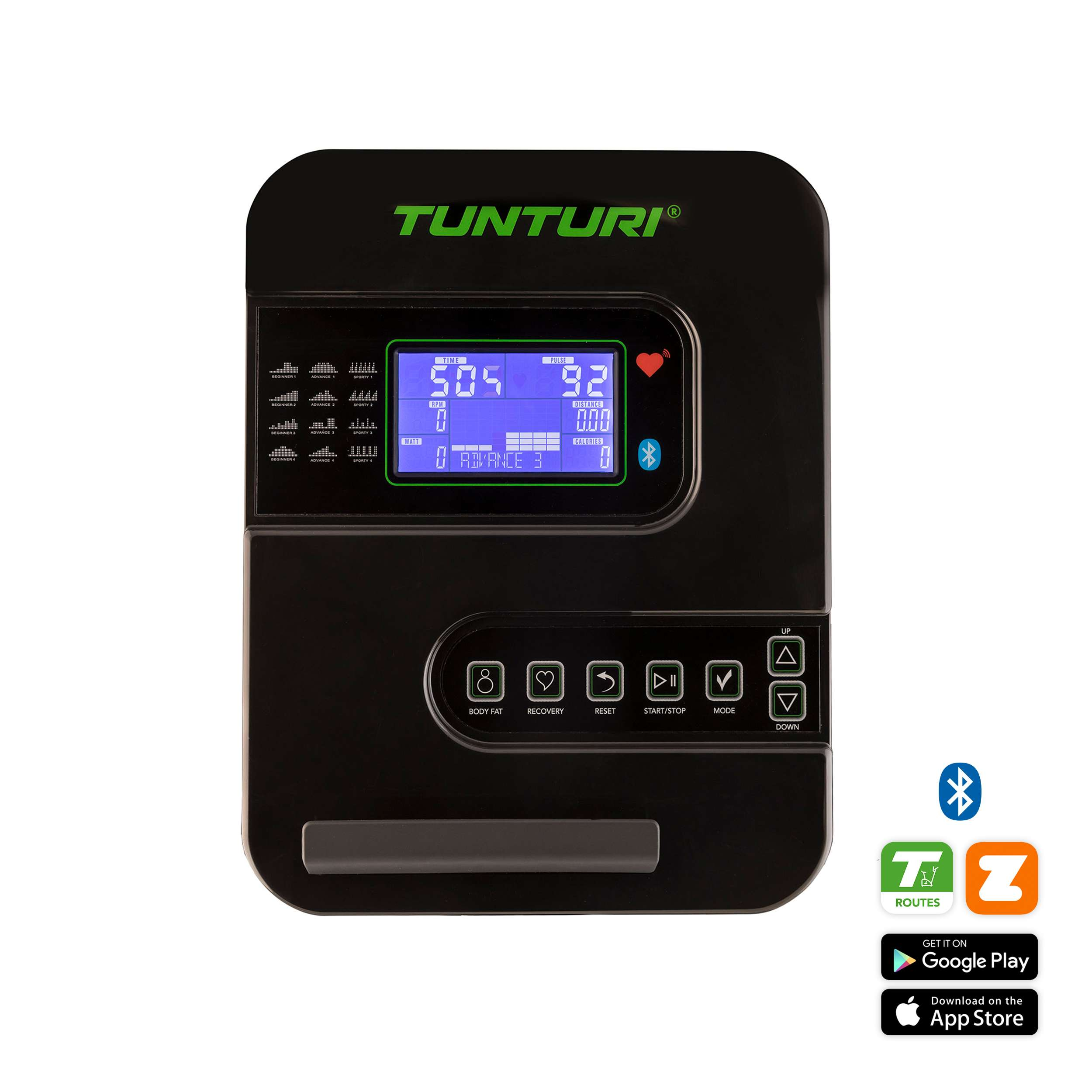 Zwarte Tunturi fitnessconsole met digitale uitlezingen en knoppen.