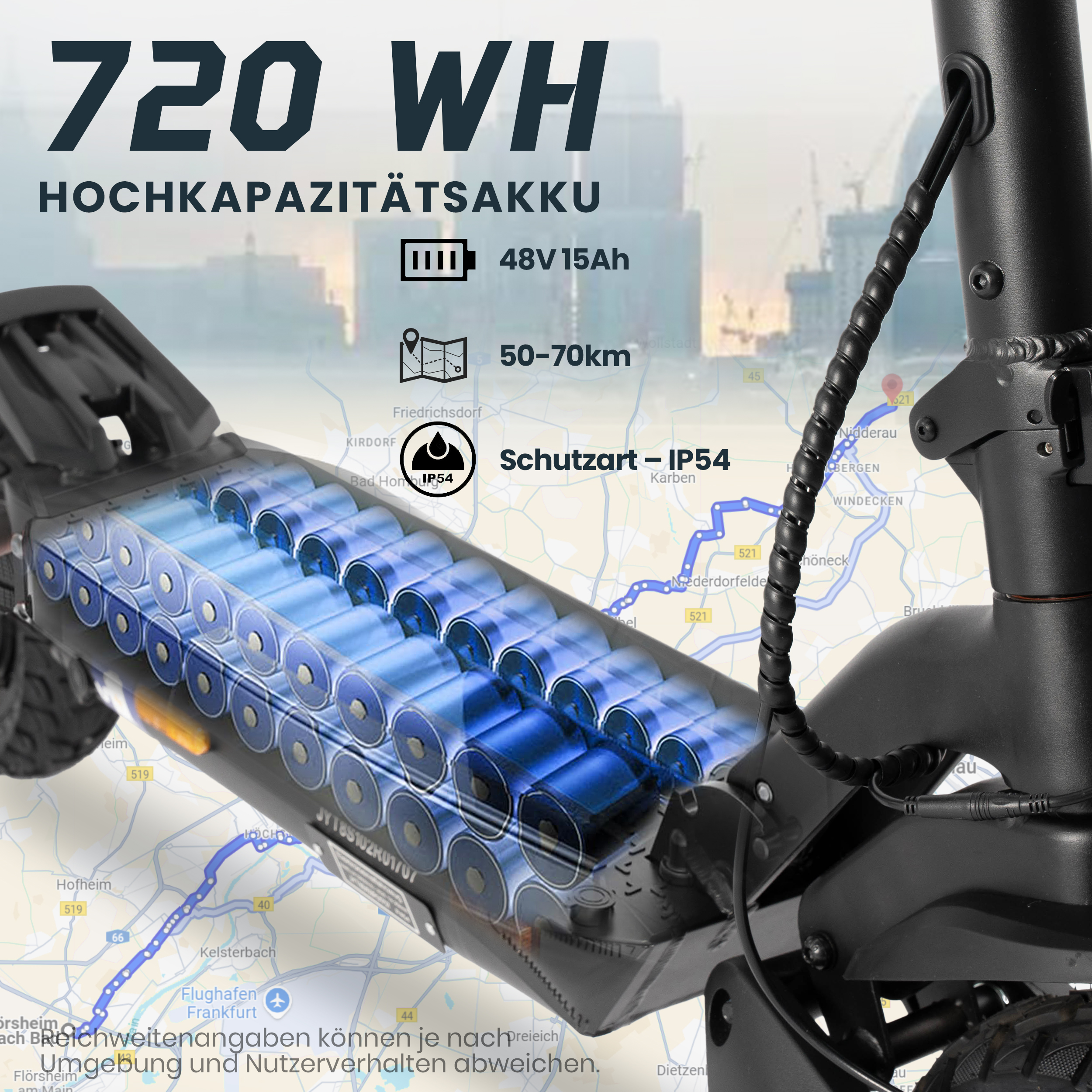 Elektro-Scooter mit 720 Wh Akku, 48V 15Ah, 50-70km Reichweite, IP54 Schutz.