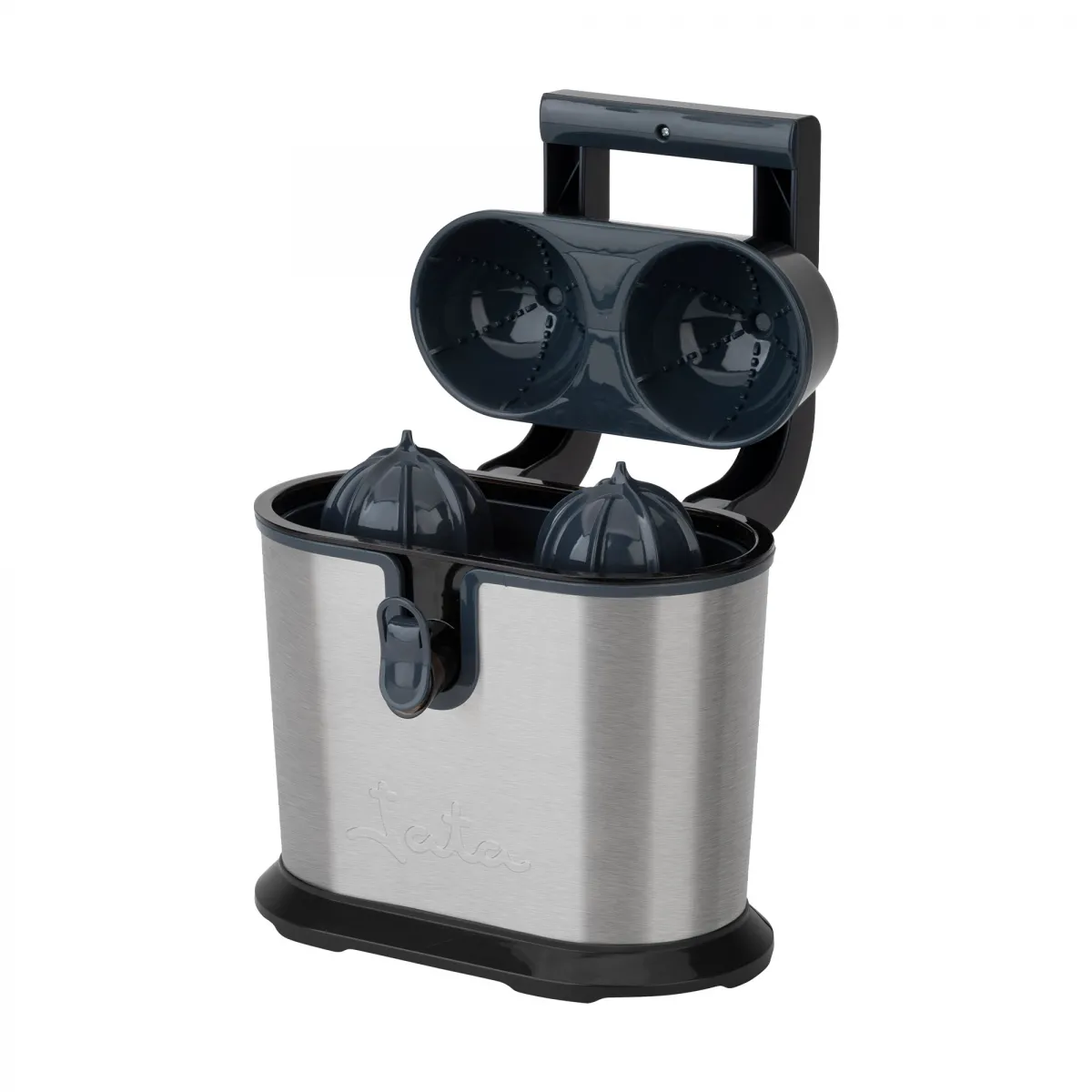 Spremiagrumi elettrico argento e nero con due conetti.