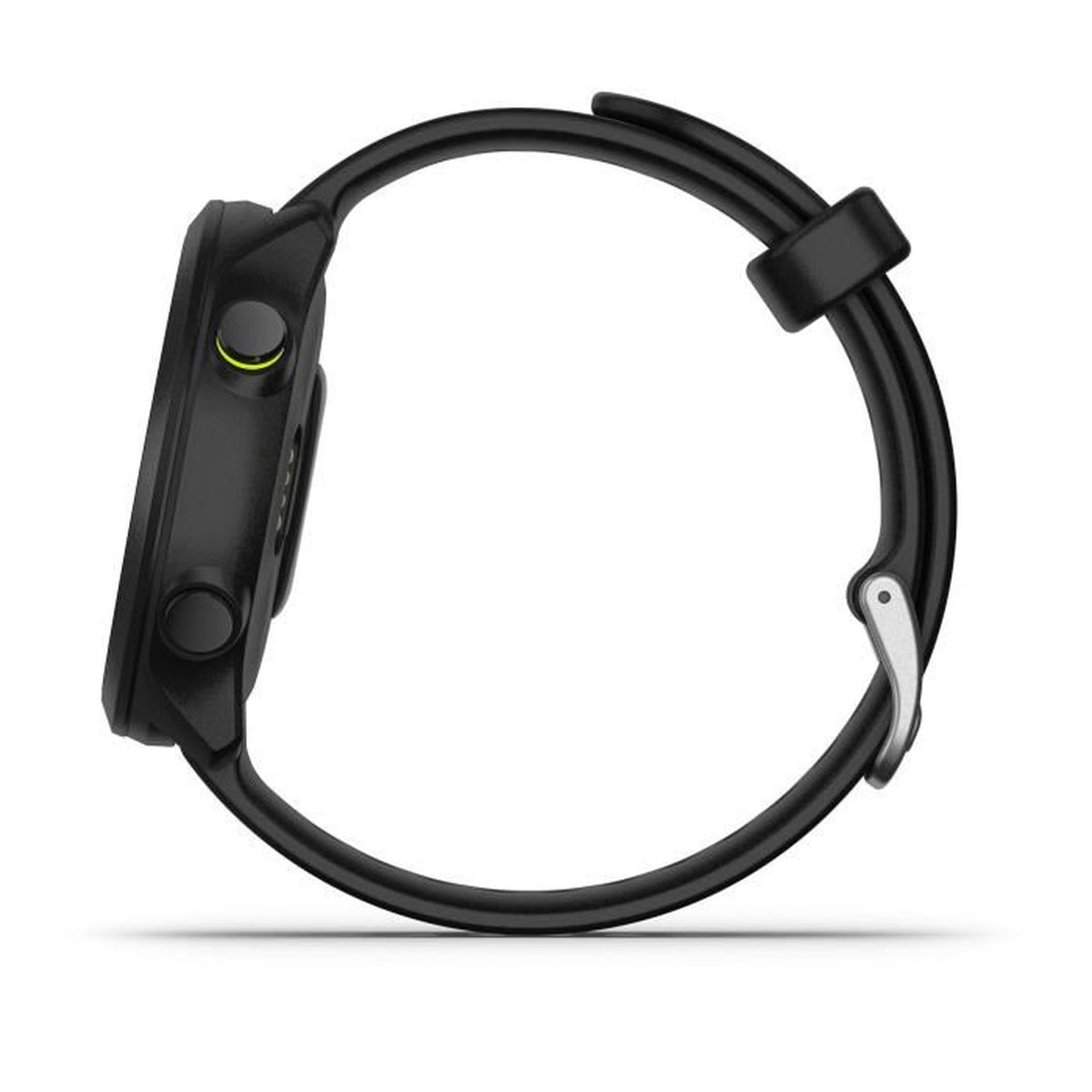 Perfil de reloj inteligente negro con hebilla plateada y marca verde.