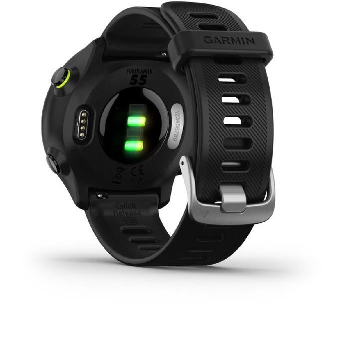 Reloj Garmin Forerunner 55 negro con sensores de frecuencia cardíaca y correa de silicona.