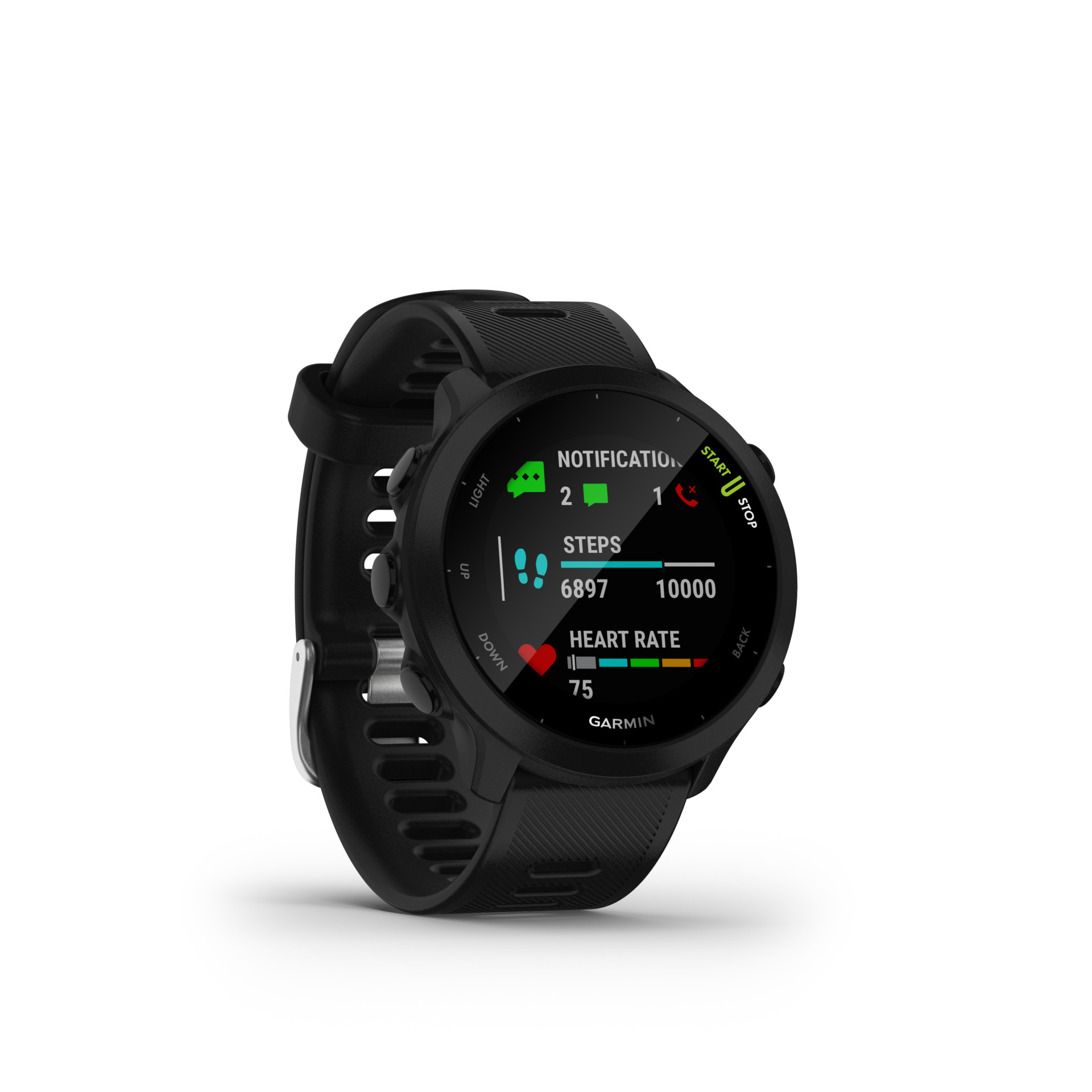 Reloj inteligente Garmin negro con pantalla: notificaciones, pasos y ritmo cardíaco.