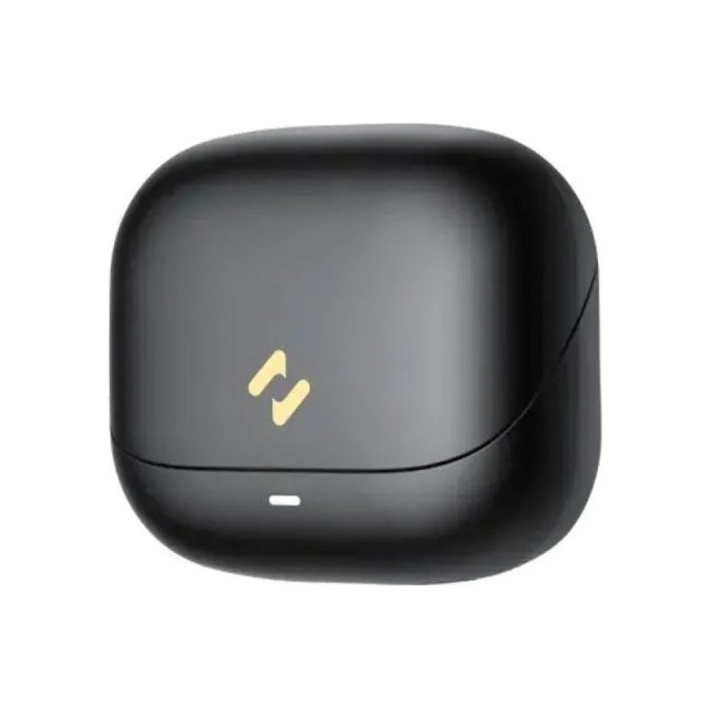 Czarne etui ładujące do słuchawek z żółtym logo i białym wskaźnikiem.