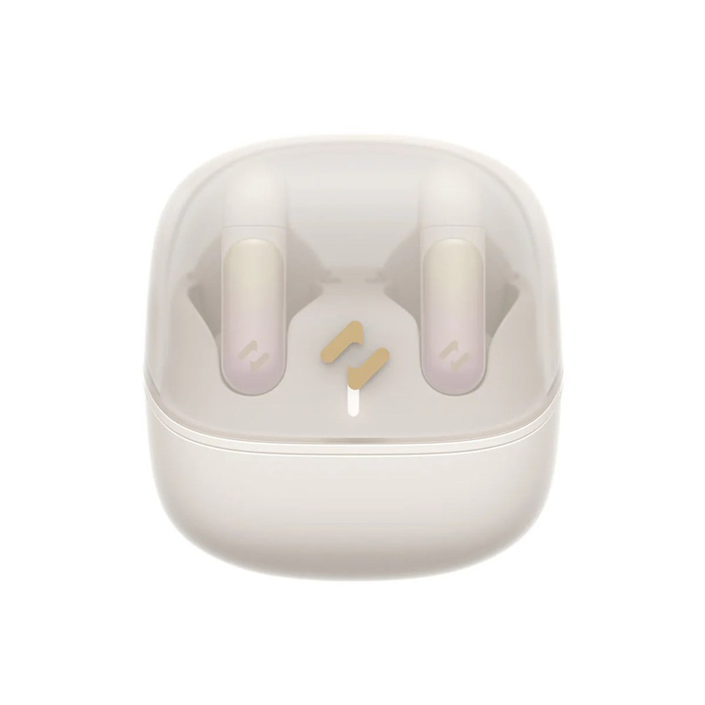 Białe etui ładujące z przezroczystą pokrywą i dwoma słuchawkami.