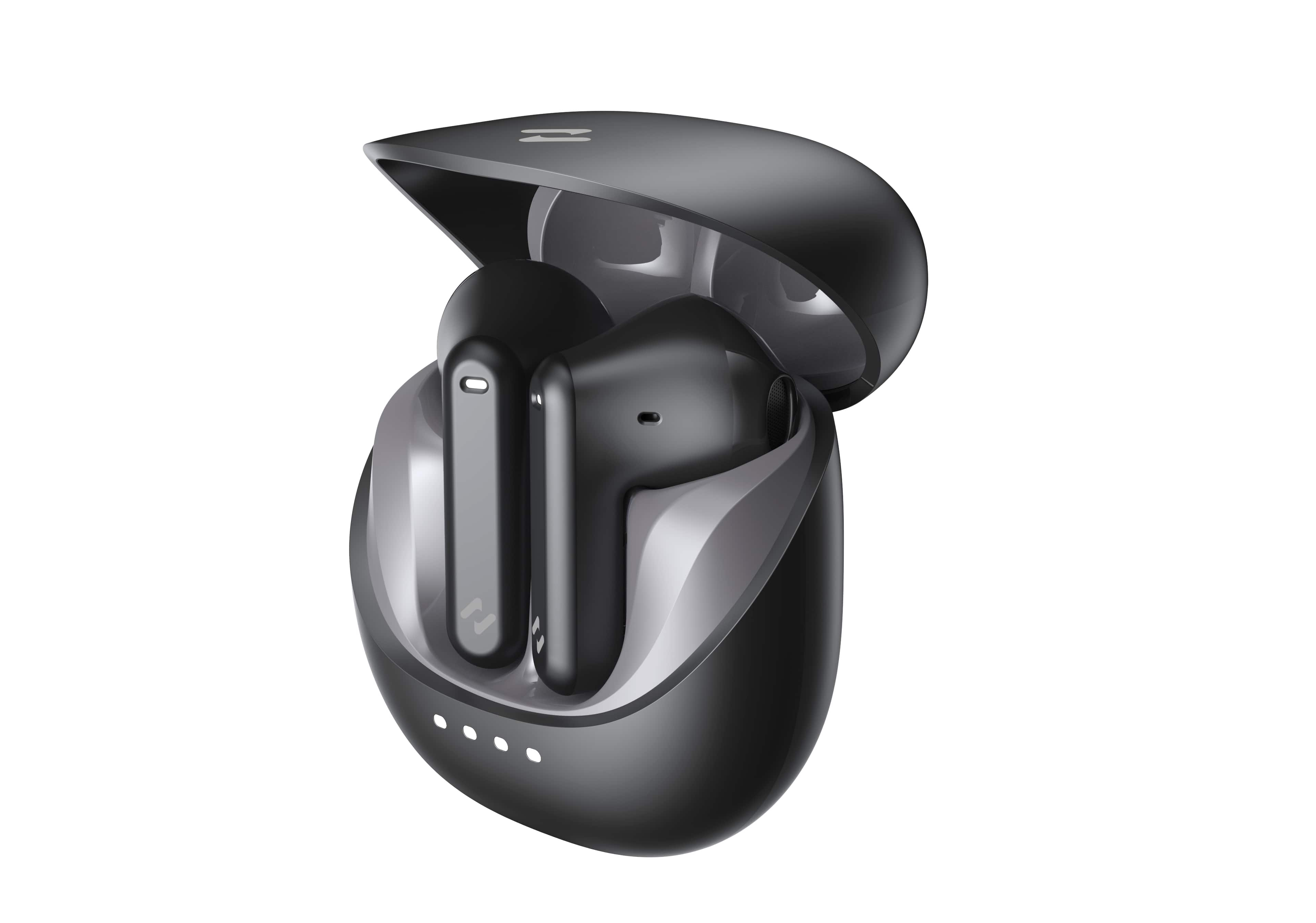 Czarne słuchawki bezprzewodowe w otwartym etui ładującym z białymi diodami.