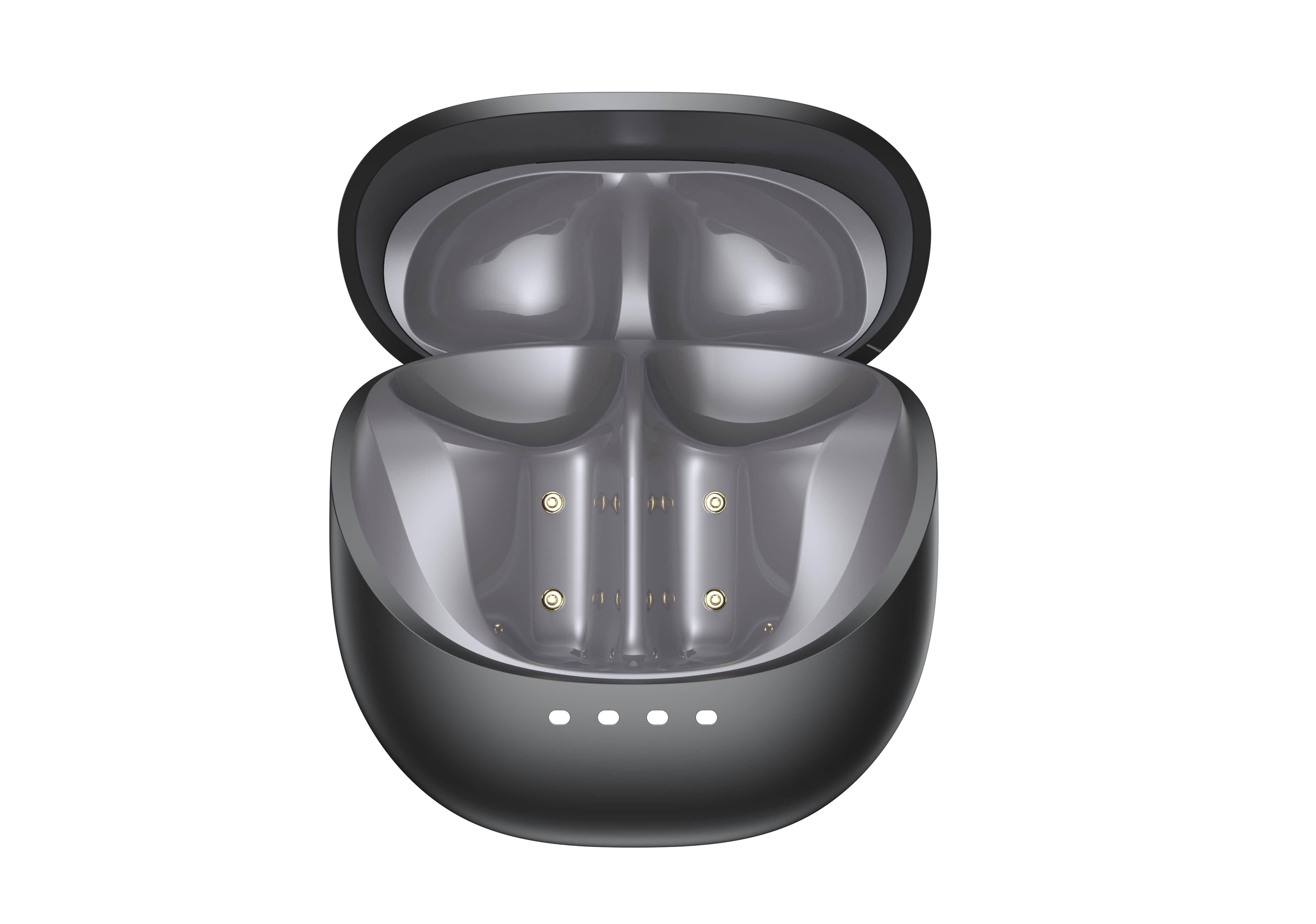 Otwarta, czarna ładowarka do słuchawek z pinami ładującymi.