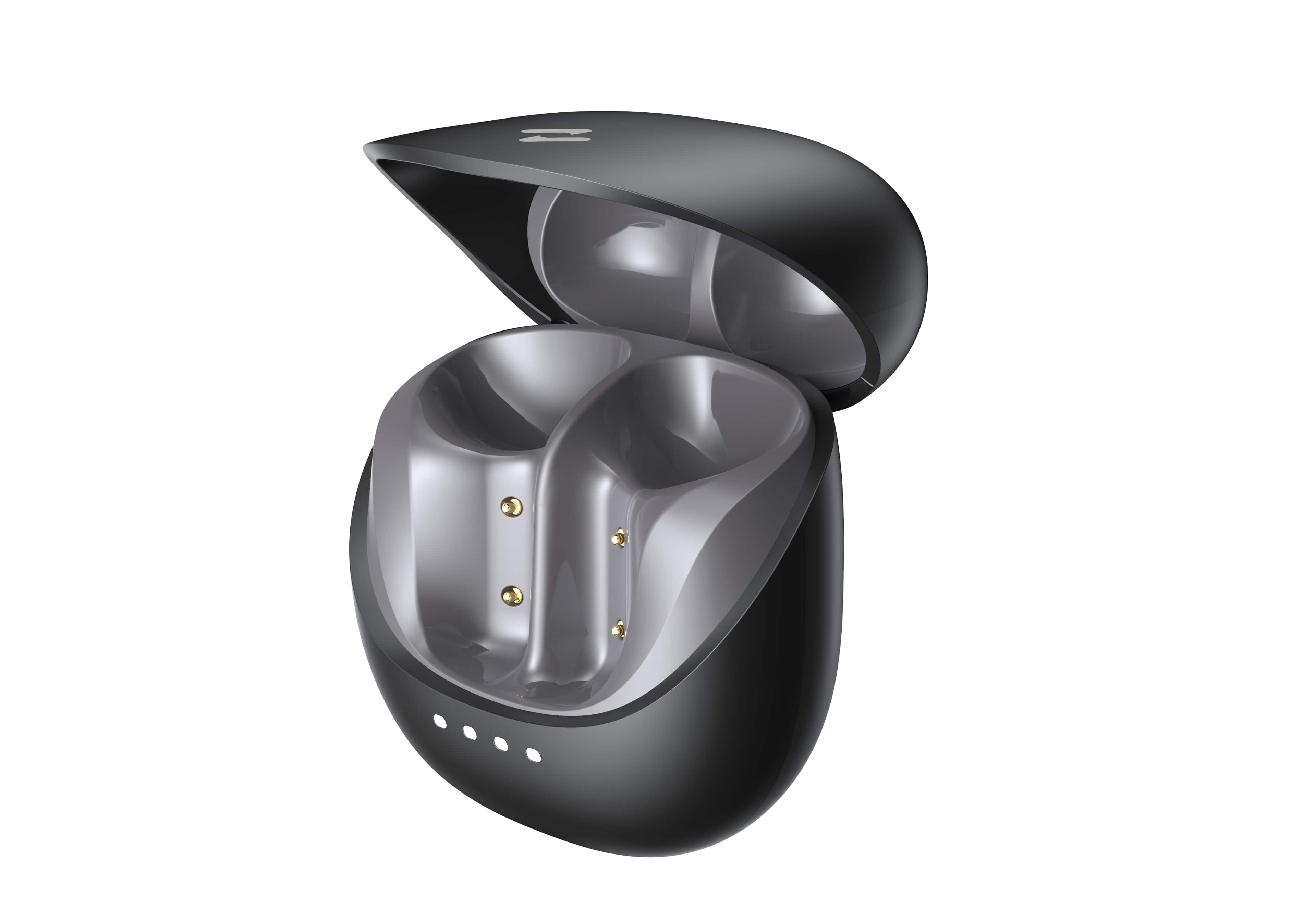 Otwarta, czarna ładowarka do słuchawek bezprzewodowych ze srebrnymi akcentami.