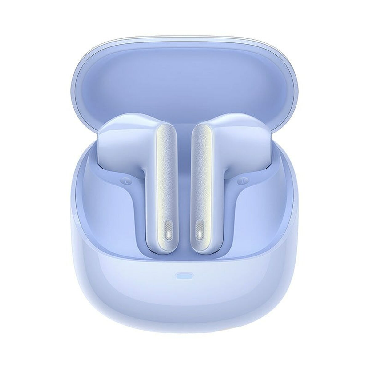 Auricolari wireless azzurri all'interno di una custodia di ricarica aperta.