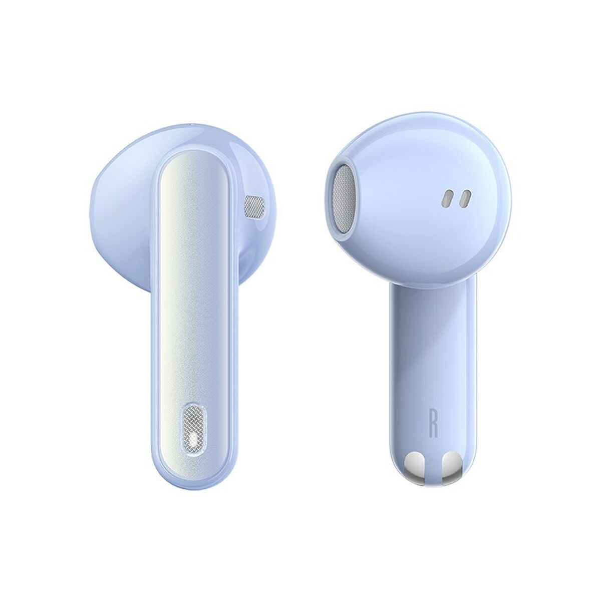 Due auricolari wireless azzurri uno accanto all'altro su sfondo bianco.