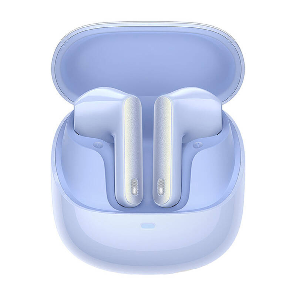 Un paio di auricolari wireless bianchi in una custodia di ricarica aperta blu chiaro.