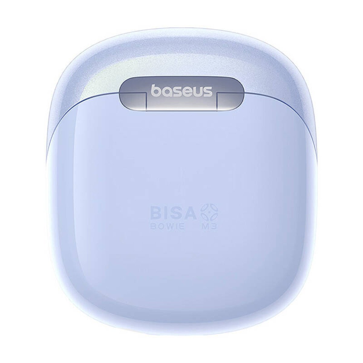 Una custodia di ricarica azzurra per auricolari wireless, con logo Baseus.