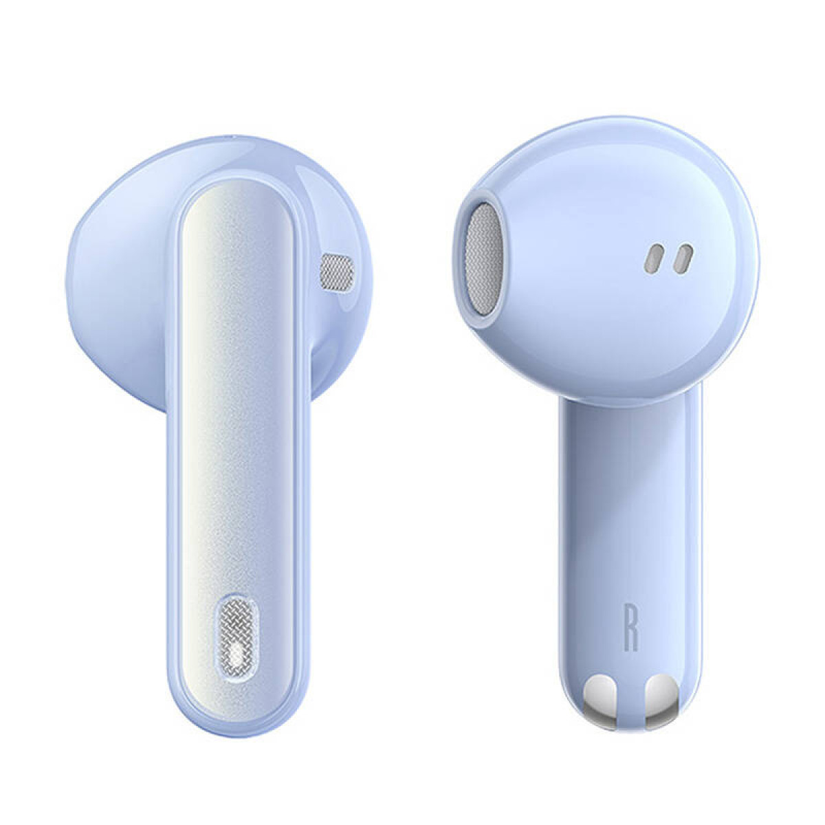Due auricolari wireless azzurri su sfondo bianco.
