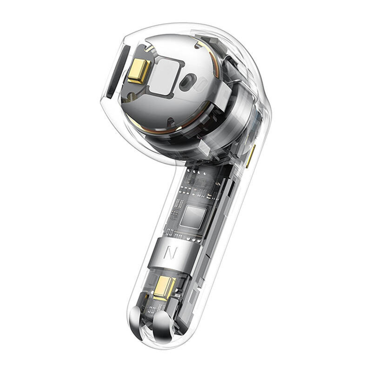 Auricolare trasparente che mostra l'elettronica interna, dettagli argento e oro.