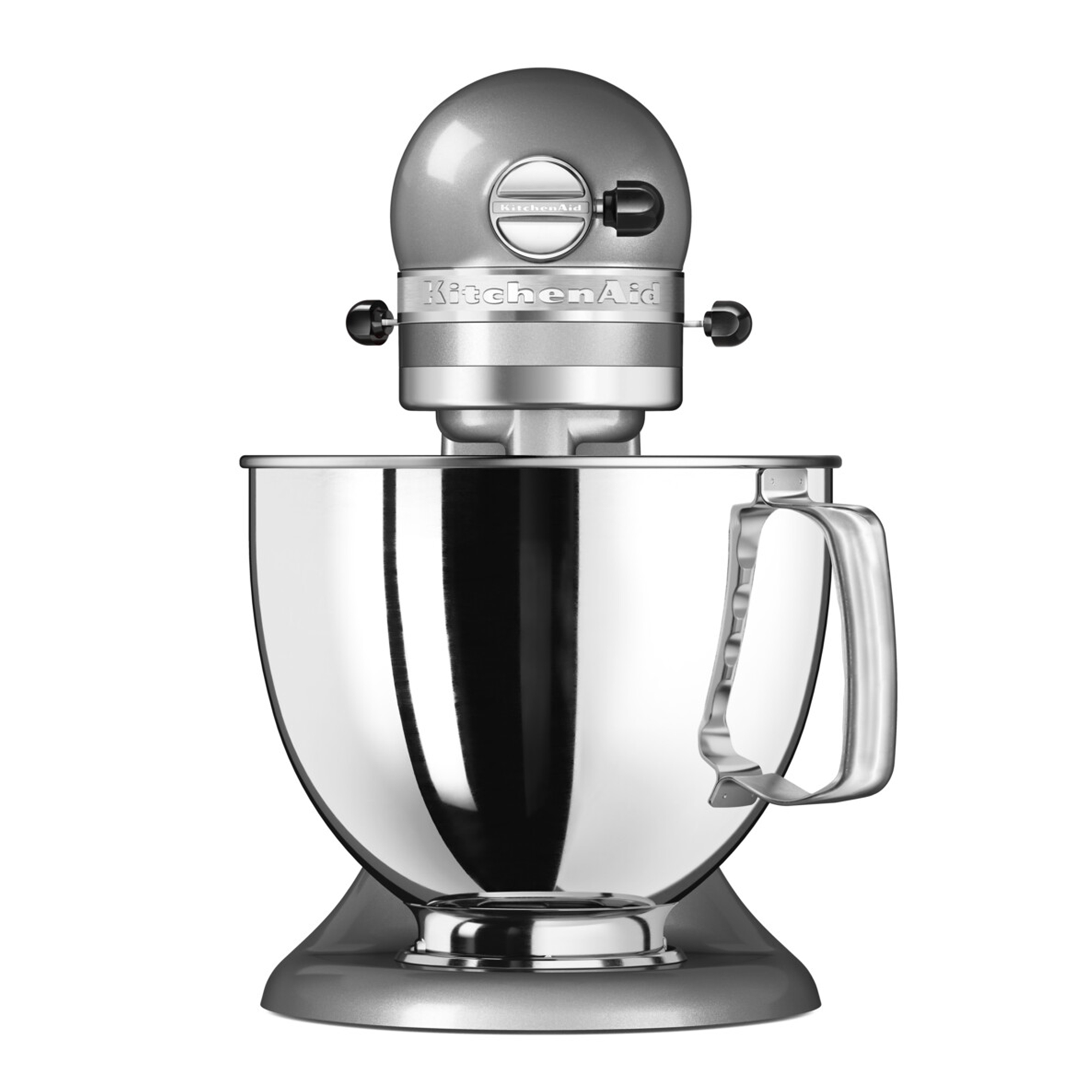 Srebrny robot kuchenny KitchenAid z polerowaną misą i uchwytem ze stali.