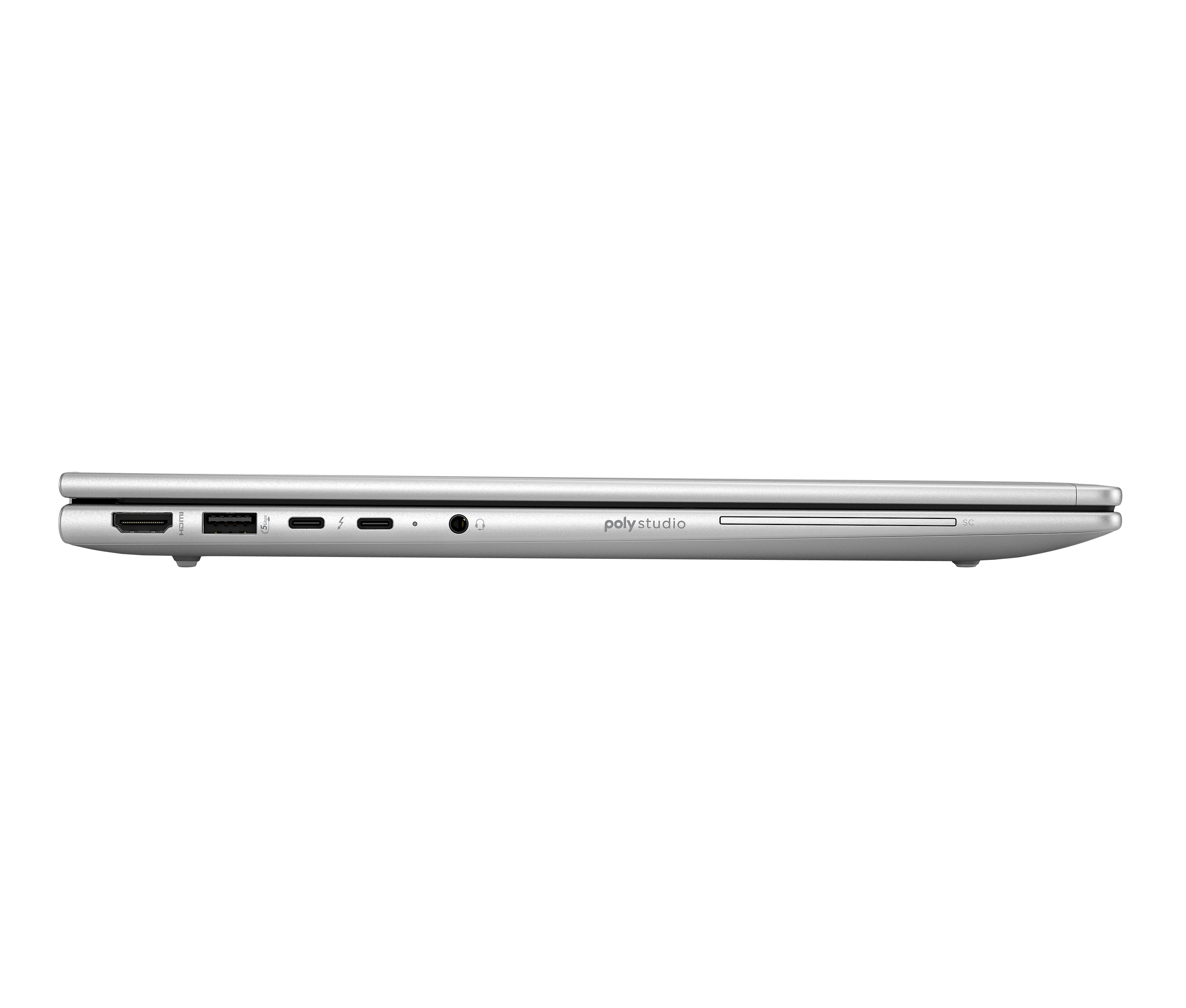 Zilveren laptoprand met HDMI, USB, Thunderbolt en koptelefoonaansluiting.
