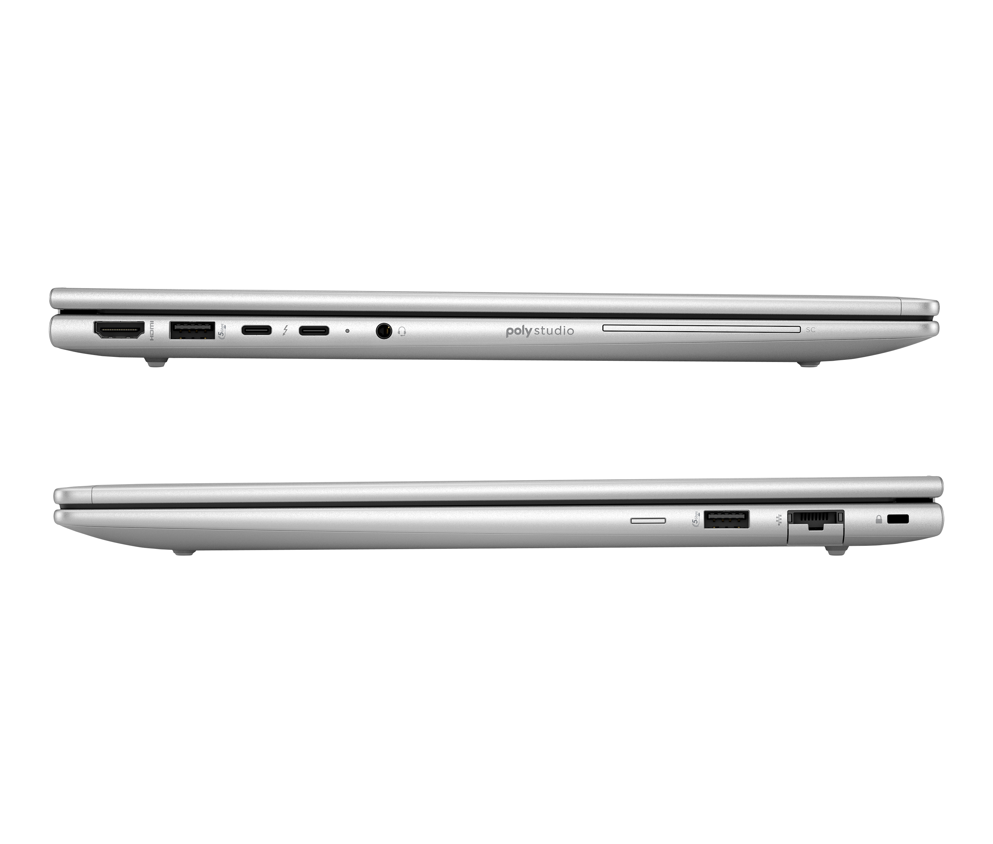 Zilveren laptop met poorten: HDMI, USB-A, USB-C, audio en aan/uit-knop.