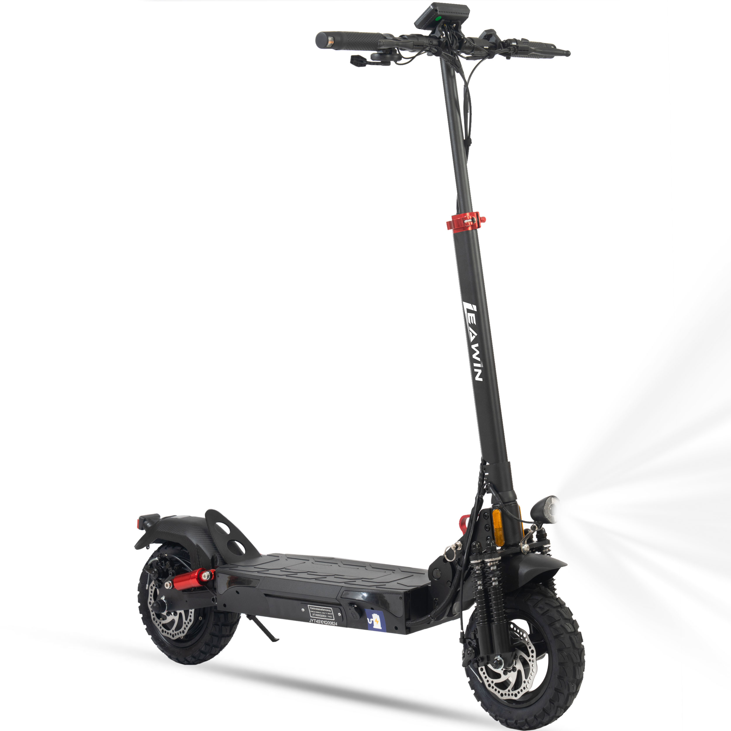 Schwarzer E-Scooter mit breiten Reifen, Federung und Frontscheinwerfer.