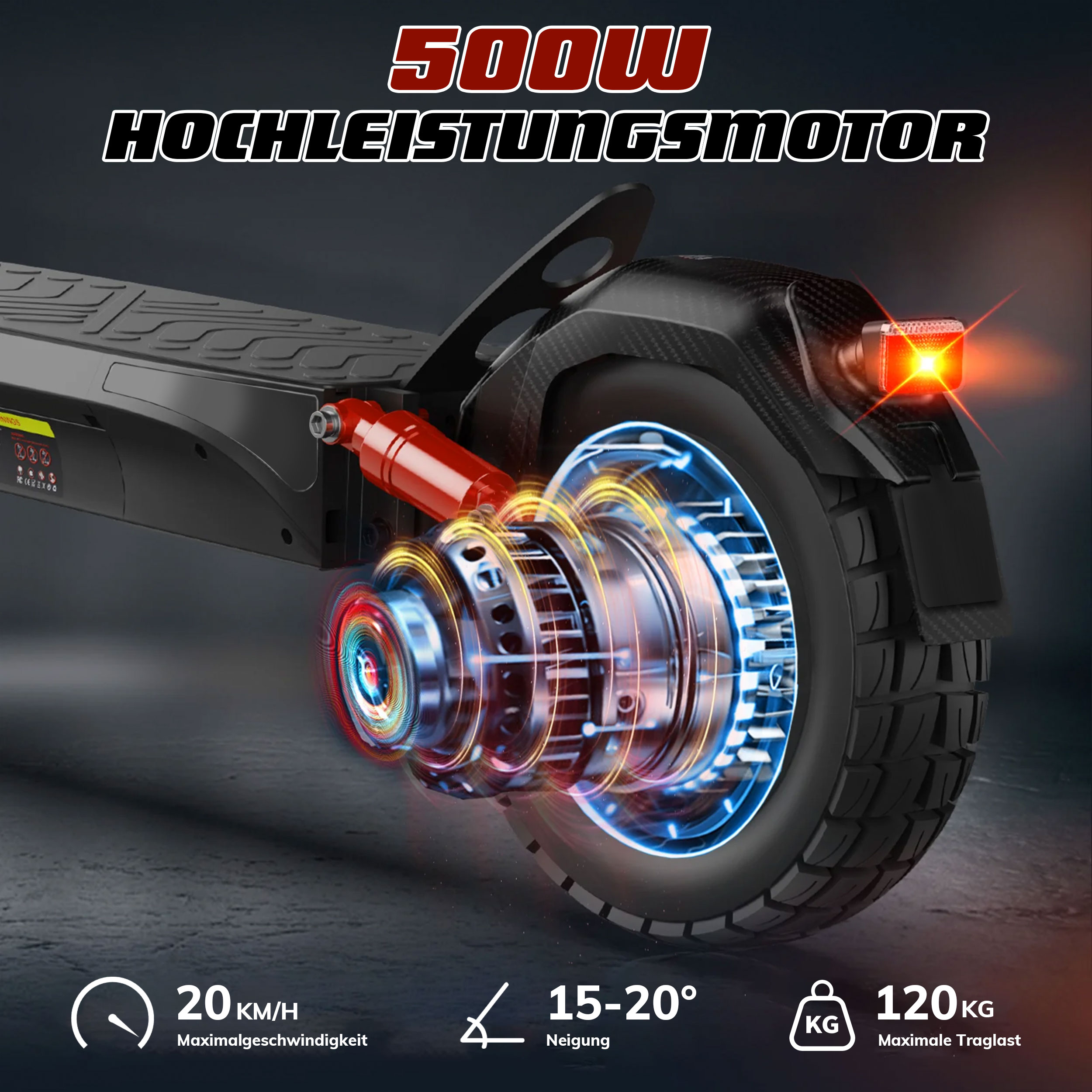 Detailansicht eines E-Scooters mit Fokus auf Rad und Motor. Daten: 20 km/h, 15-20 Grad Steigung, 120kg Traglast.