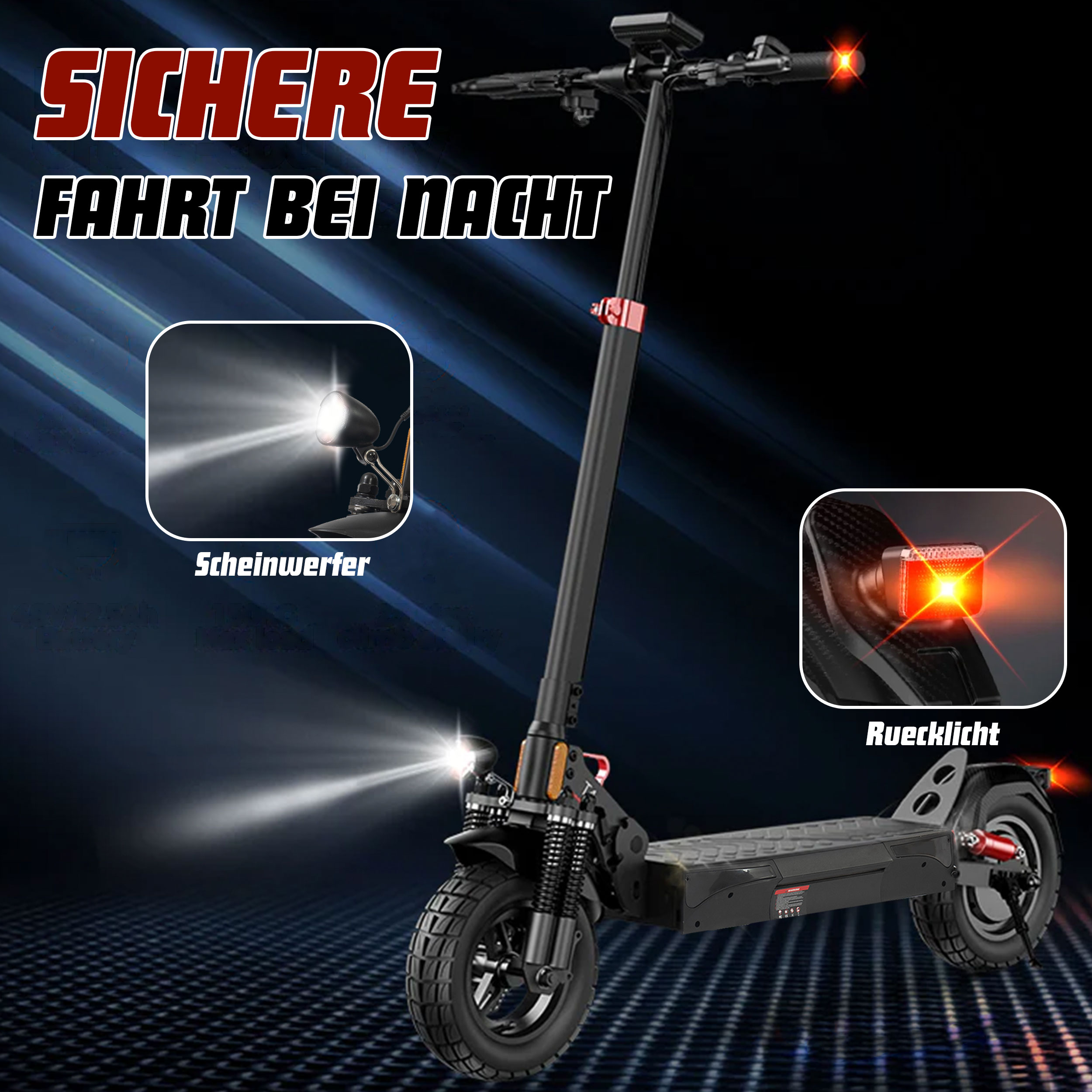 Schwarzer Elektroroller mit Vorder- und Rücklicht, beleuchtet für Nachtfahrten.
