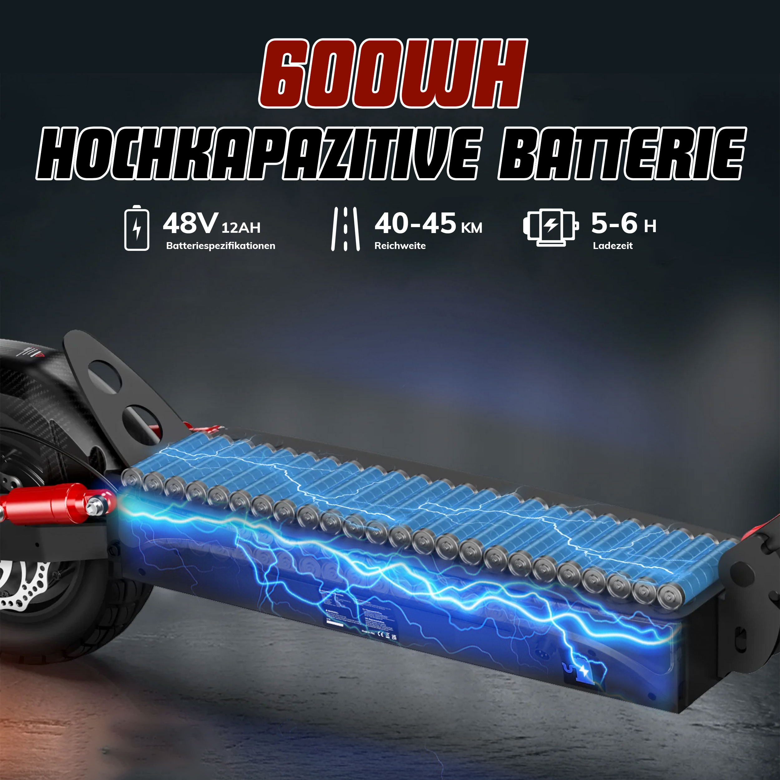600WH Akku mit 48V 12AH, 40-45km Reichweite, 5-6h Ladezeit.