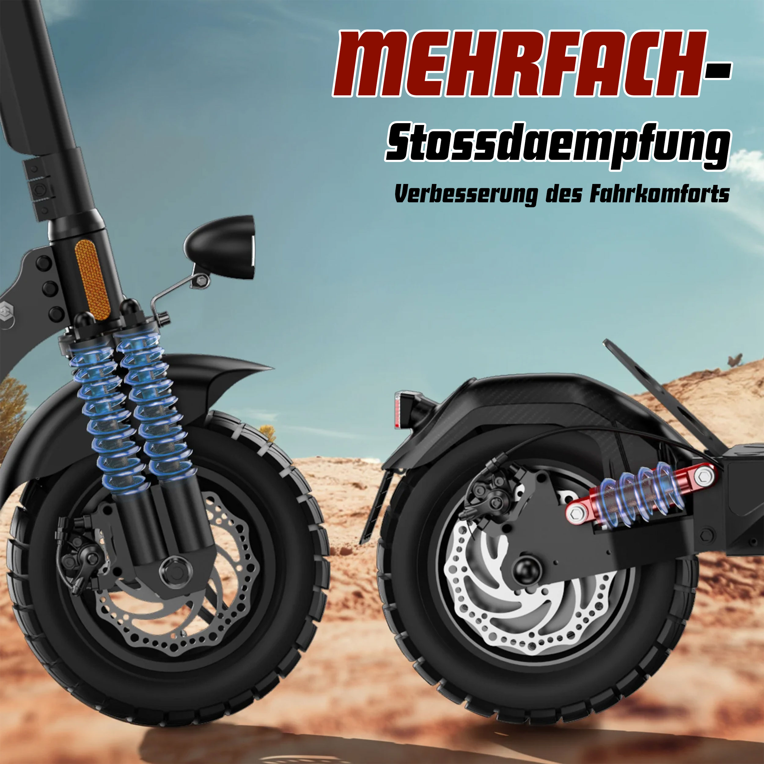 Nahaufnahme der Stoßdämpfer eines Rollers im Gelände.